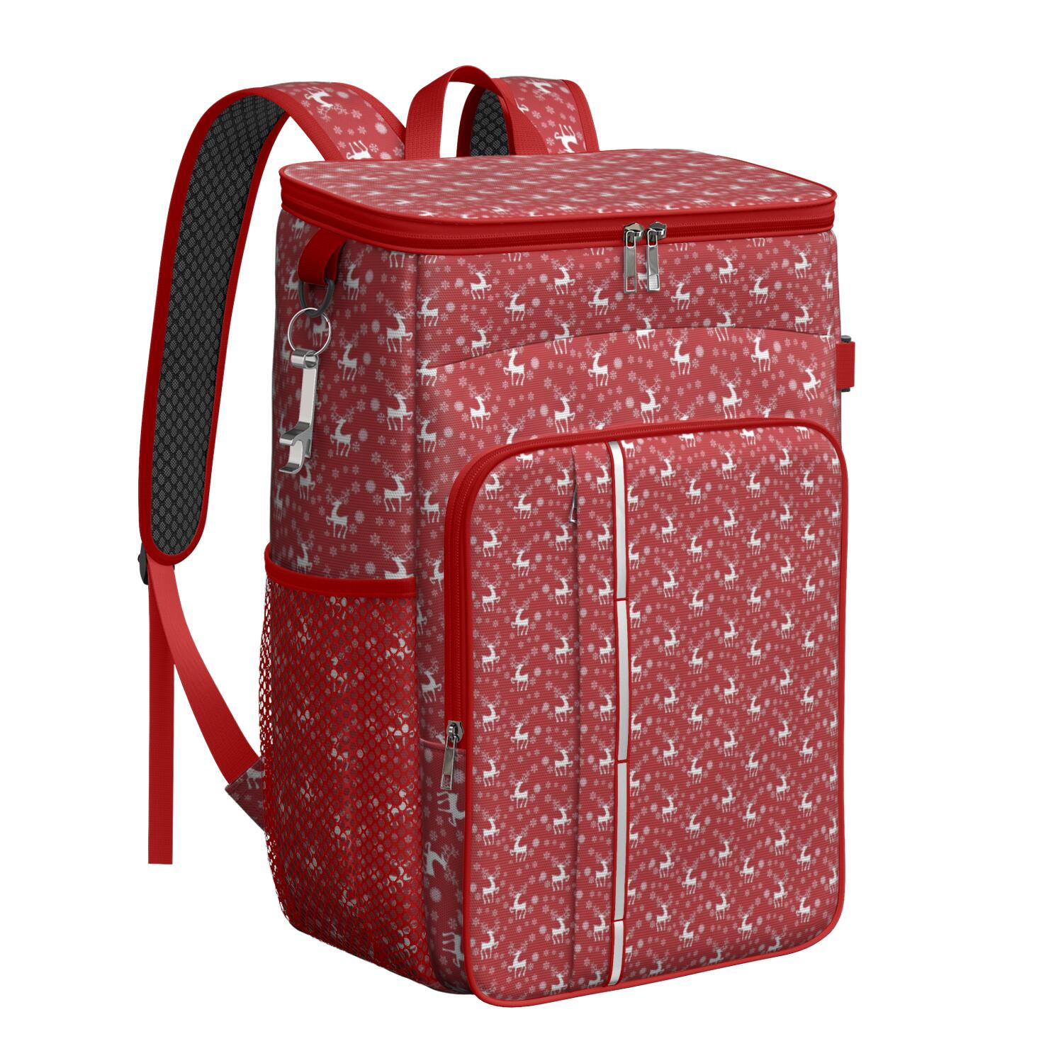 Travel Cooler Bag - Red Christmas Deer and Snowflake Pattern Camping Beer Cooler Backpack with Bottle Opener- Waterproof Insulated Picnic Backpacks - Cooler Bag for Beach