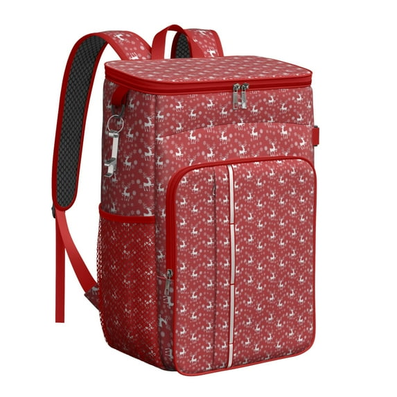 Travel Cooler Bag - Red Christmas Deer and Snowflake Pattern Camping Beer Cooler Backpack with Bottle Opener- Waterproof Insulated Picnic Backpacks - Cooler Bag for Beach