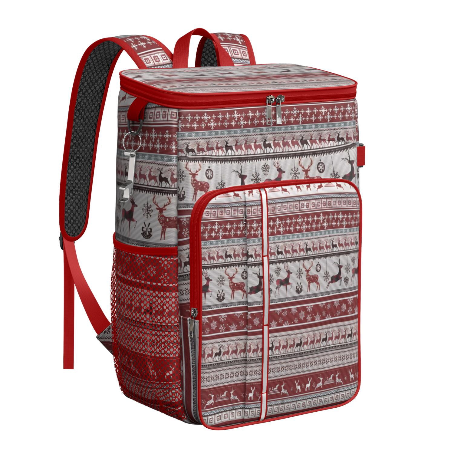 Travel Cooler Bag - Red Christmas Deer and Snowflake Pattern Camping Beer Cooler Backpack with Bottle Opener- Waterproof Insulated Picnic Backpacks - Cooler Bag for Beach