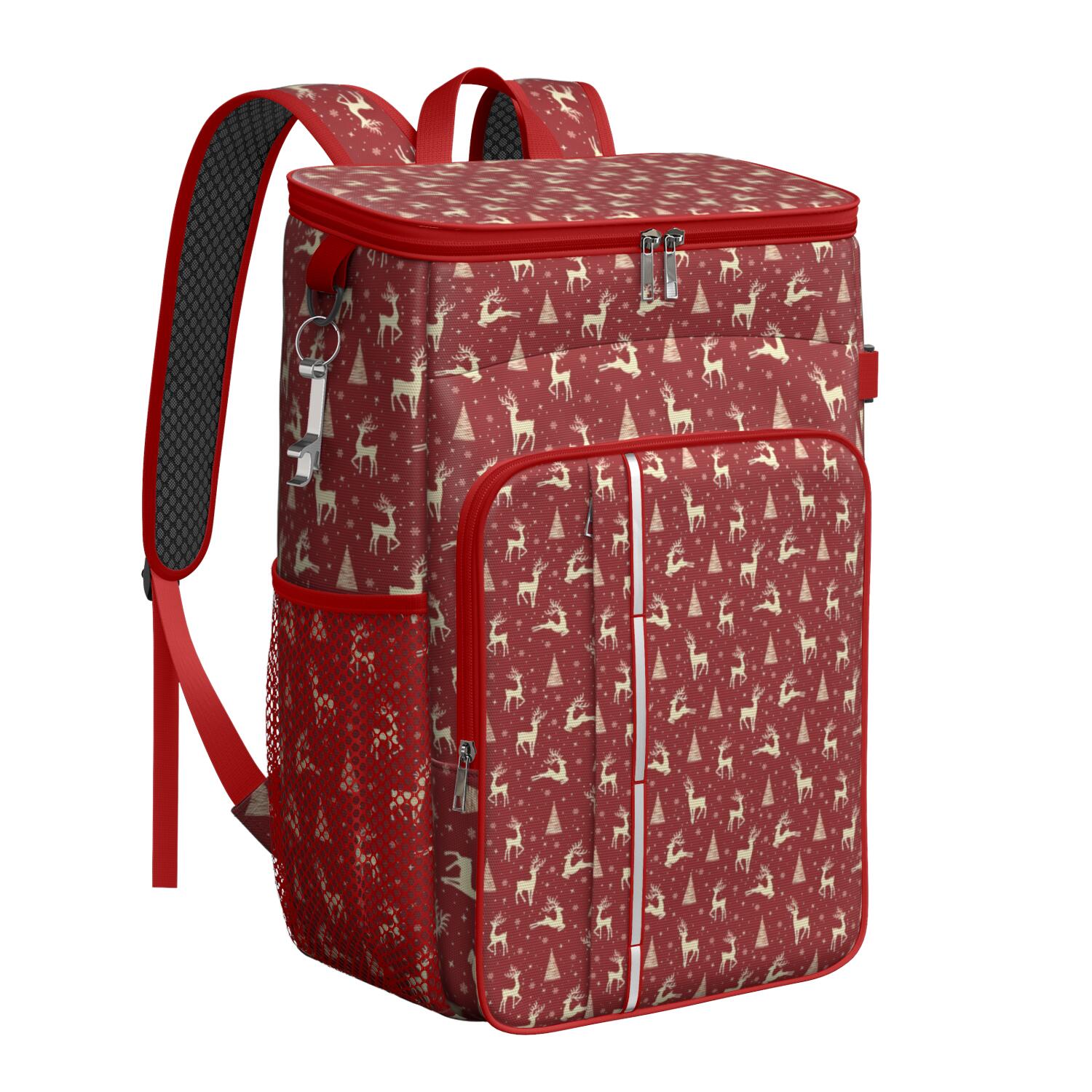 Travel Cooler Bag - Red Christmas Deer and Tree Pattern Camping Beer Cooler Backpack with Bottle Opener- Waterproof Insulated Picnic Backpacks - Cooler Bag for Beach