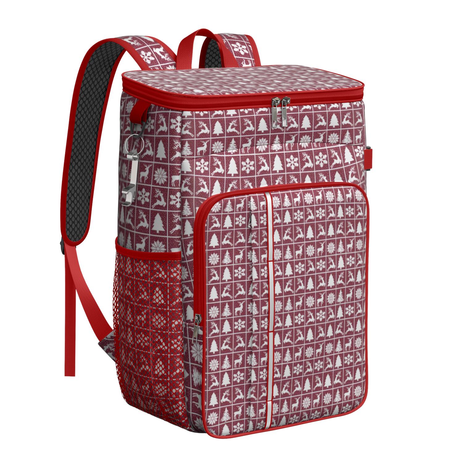 Travel Cooler Bag - Red Christmas Deer and Tree Pattern Camping Beer Cooler Backpack with Bottle Opener- Waterproof Insulated Picnic Backpacks - Cooler Bag for Beach