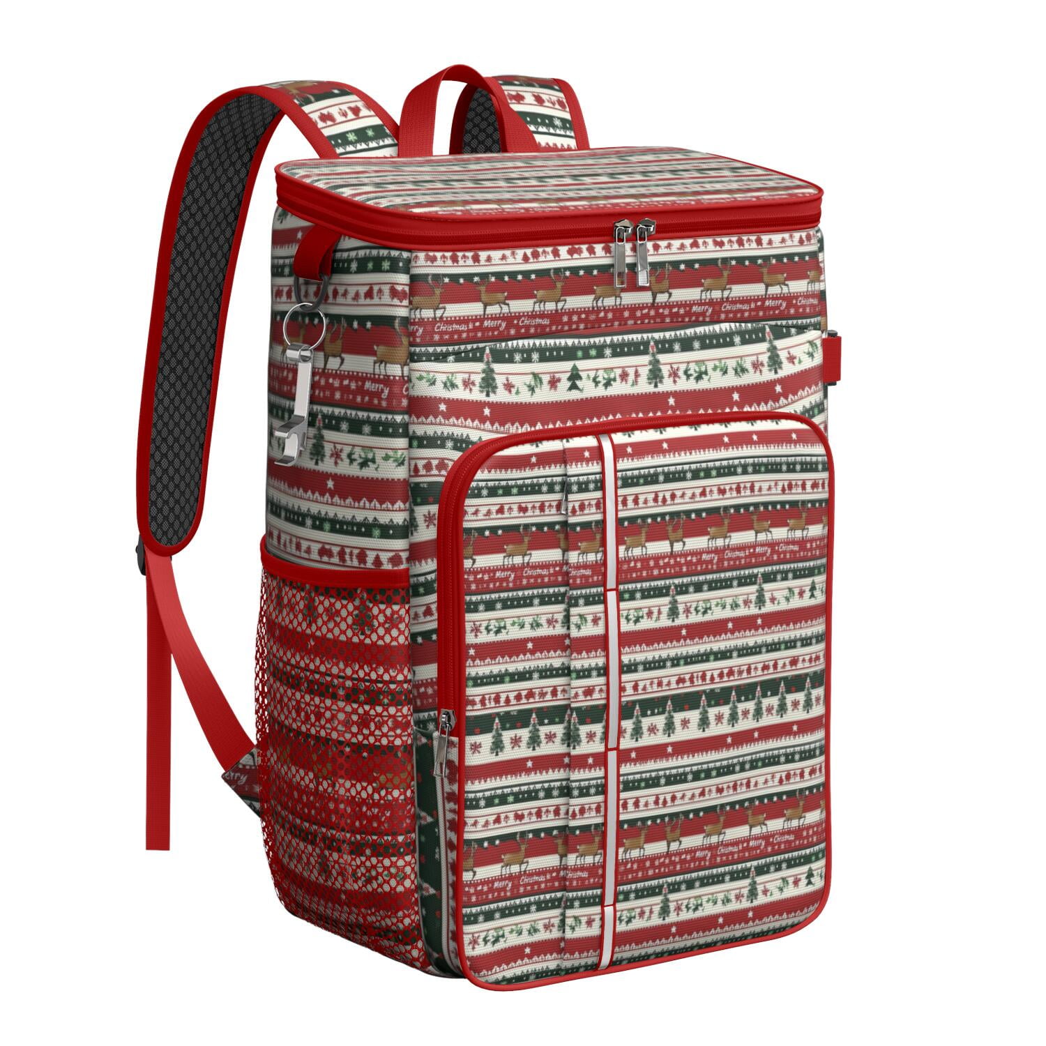 Travel Cooler Bag - Red Christmas Deer and Tree Pattern Camping Beer Cooler Backpack with Bottle Opener- Waterproof Insulated Picnic Backpacks - Cooler Bag for Beach