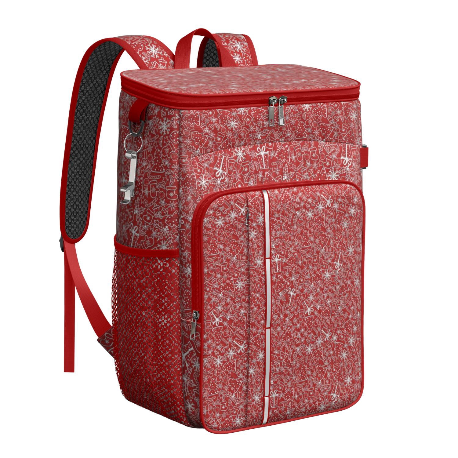 Travel Cooler Bag - Red Christmas Gift and Snowflake Pattern Camping Beer Cooler Backpack with Bottle Opener- Waterproof Insulated Picnic Backpacks - Cooler Bag for Beach