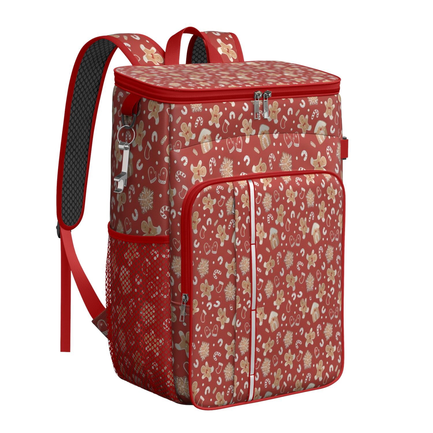 Travel Cooler Bag - Red Christmas Gingerbread and Mitten Pattern Camping Beer Cooler Backpack with Bottle Opener- Waterproof Insulated Picnic Backpacks - Cooler Bag for Beach