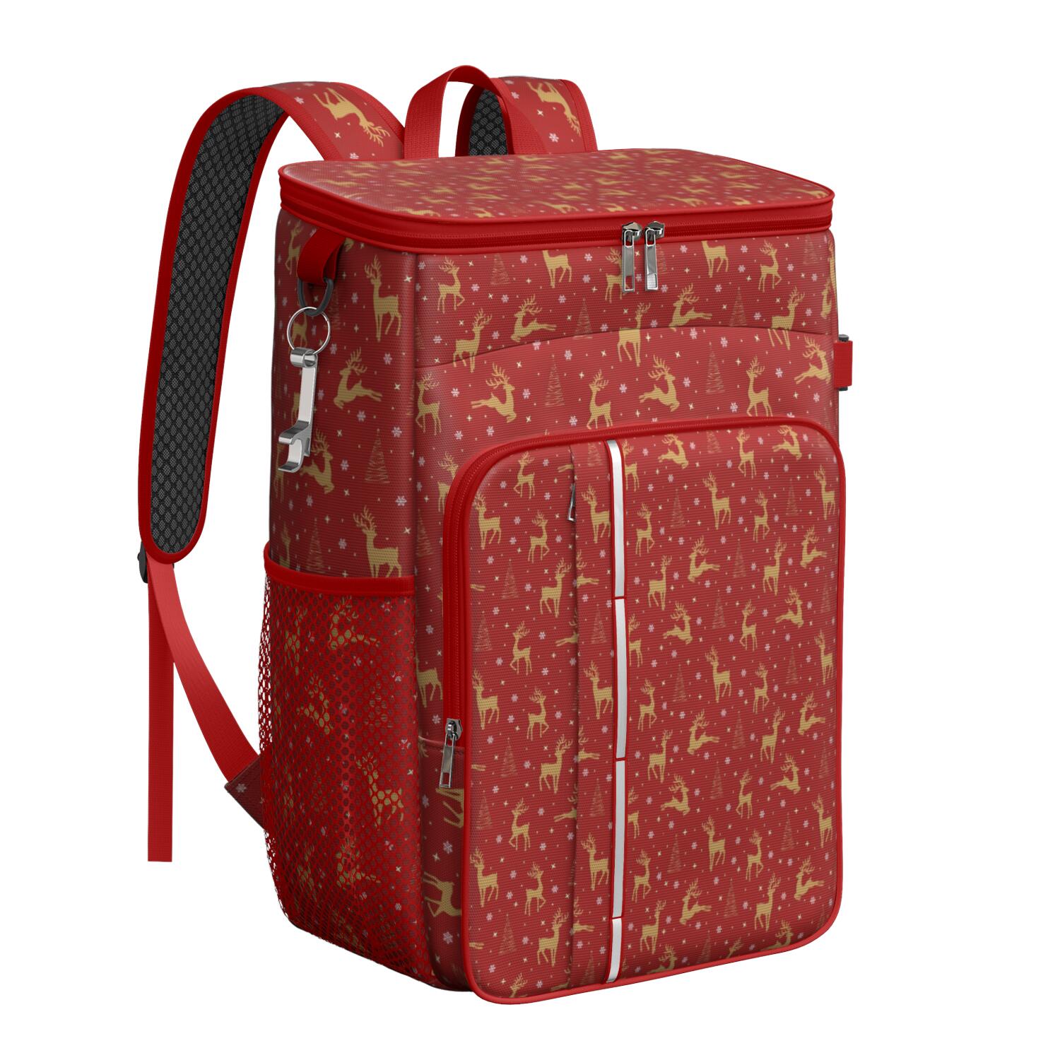 Travel Cooler Bag - Red Christmas Golden Reindeer Pattern Camping Beer Cooler Backpack with Bottle Opener- Waterproof Insulated Picnic Backpacks - Cooler Bag for Beach