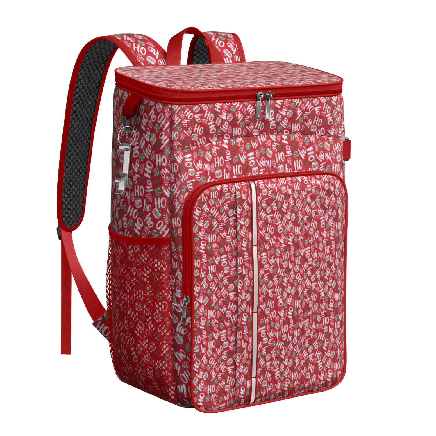 Travel Cooler Bag - Red Christmas HO Pattern Camping Beer Cooler Backpack with Bottle Opener- Waterproof Insulated Picnic Backpacks - Cooler Bag for Beach