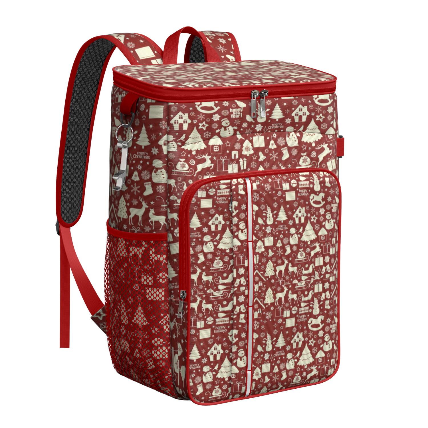 Travel Cooler Bag - Red Christmas Icon Pattern Camping Beer Cooler Backpack with Bottle Opener- Waterproof Insulated Picnic Backpacks - Cooler Bag for Beach