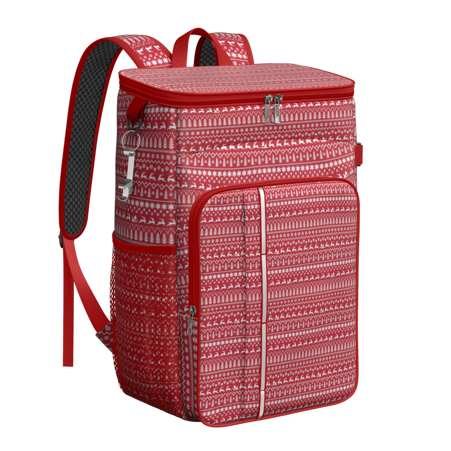 Travel Cooler Bag - Red Christmas Pattern Camping Beer Cooler Backpack with Bottle Opener- Waterproof Insulated Picnic Backpacks - Cooler Bag for Beach
