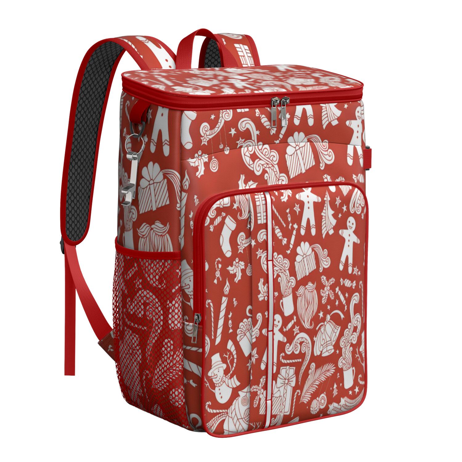 Travel Cooler Bag - Red Christmas Pattern Camping Beer Cooler Backpack with Bottle Opener- Waterproof Insulated Picnic Backpacks - Cooler Bag for Beach