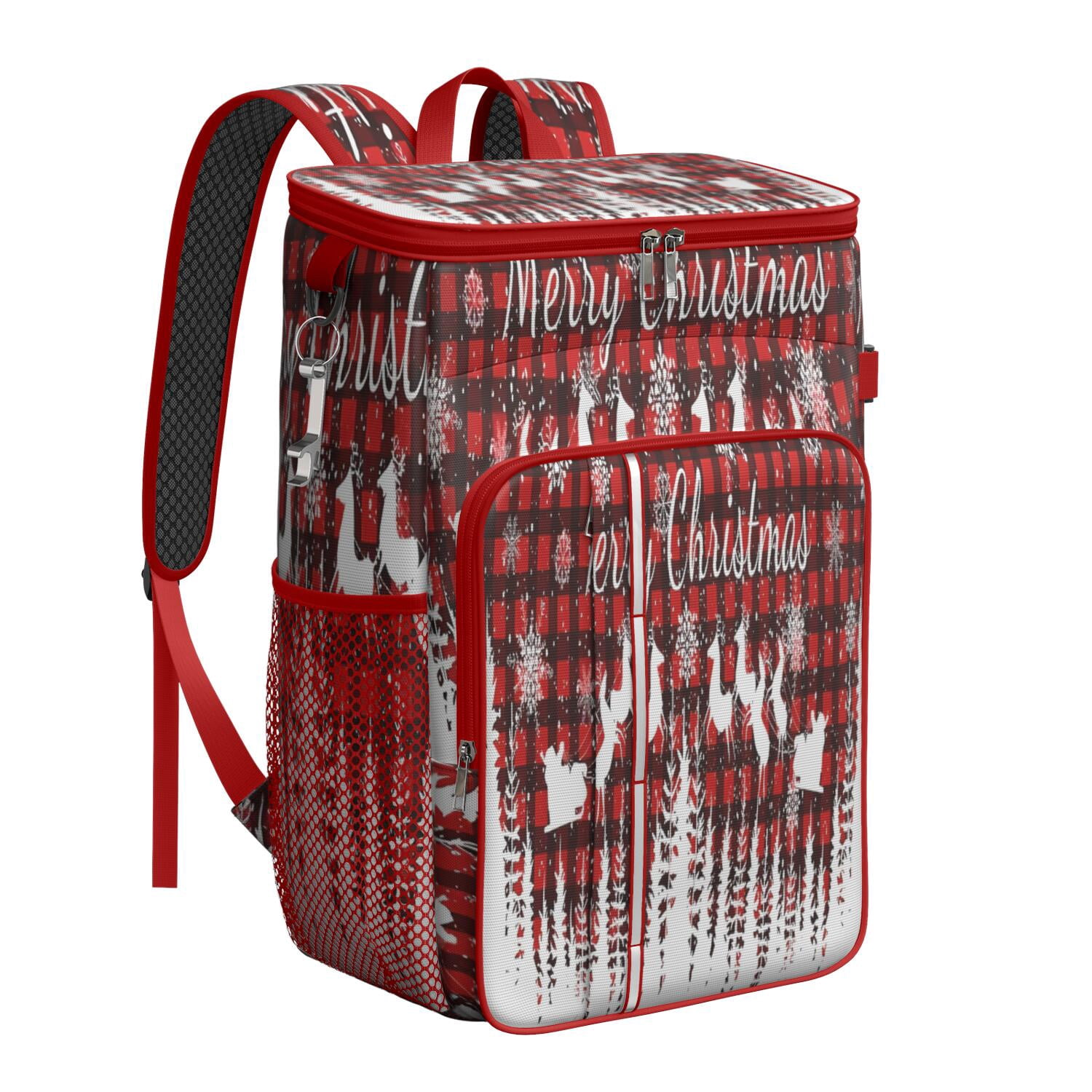 Travel Cooler Bag - Red Christmas Pattern Camping Beer Cooler Backpack with Bottle Opener- Waterproof Insulated Picnic Backpacks - Cooler Bag for Beach