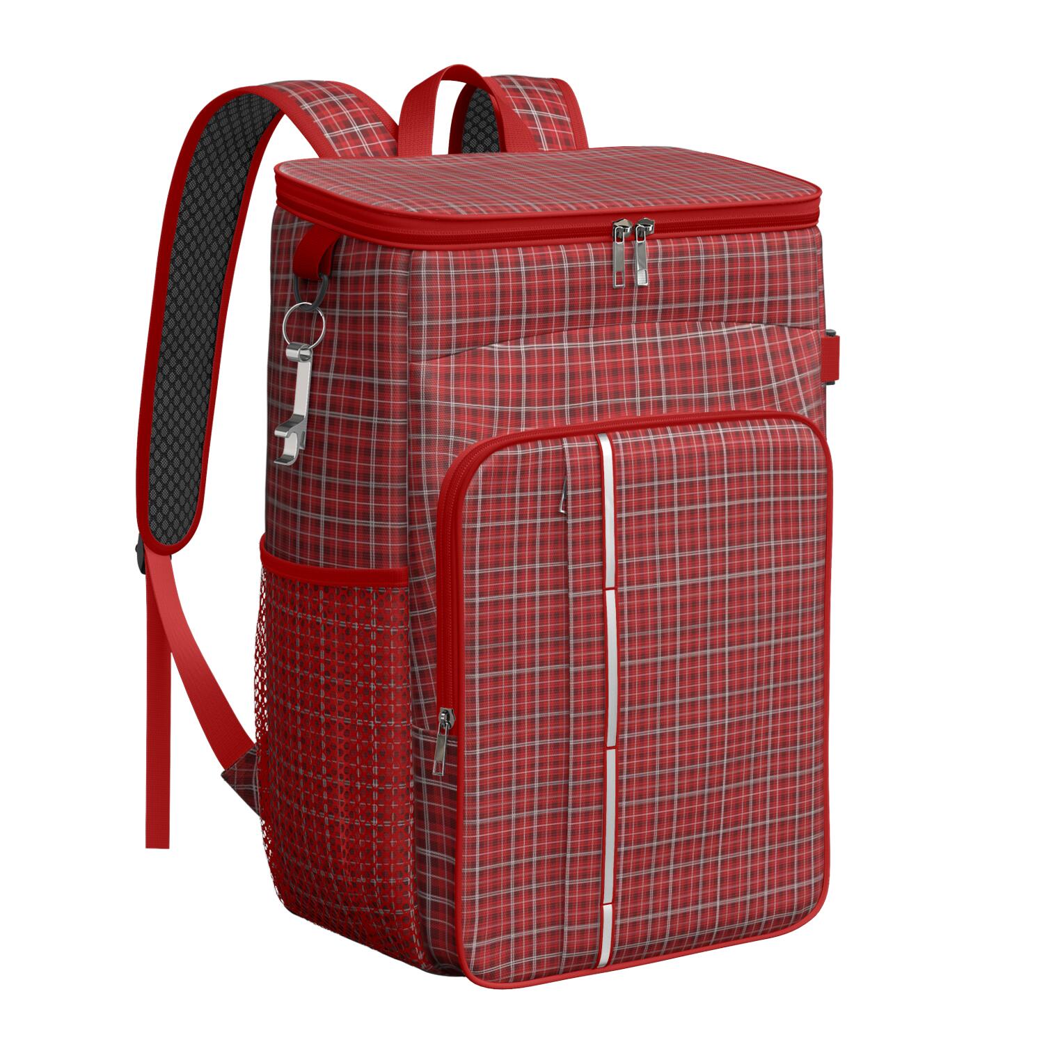 Travel Cooler Bag - Red Christmas Plaid Pattern Camping Beer Cooler Backpack with Bottle Opener- Waterproof Insulated Picnic Backpacks - Cooler Bag for Beach