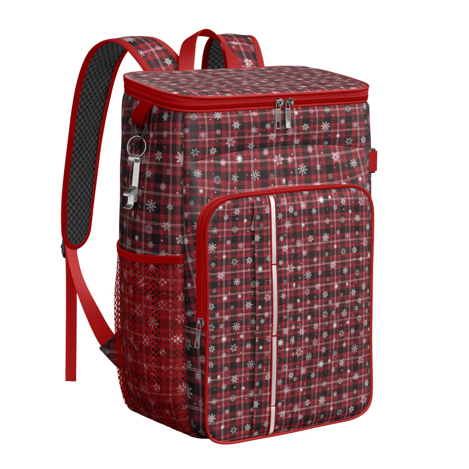 Travel Cooler Bag - Red Christmas Plaid and Snowflake Pattern Camping Beer Cooler Backpack with Bottle Opener- Waterproof Insulated Picnic Backpacks - Cooler Bag for Beach