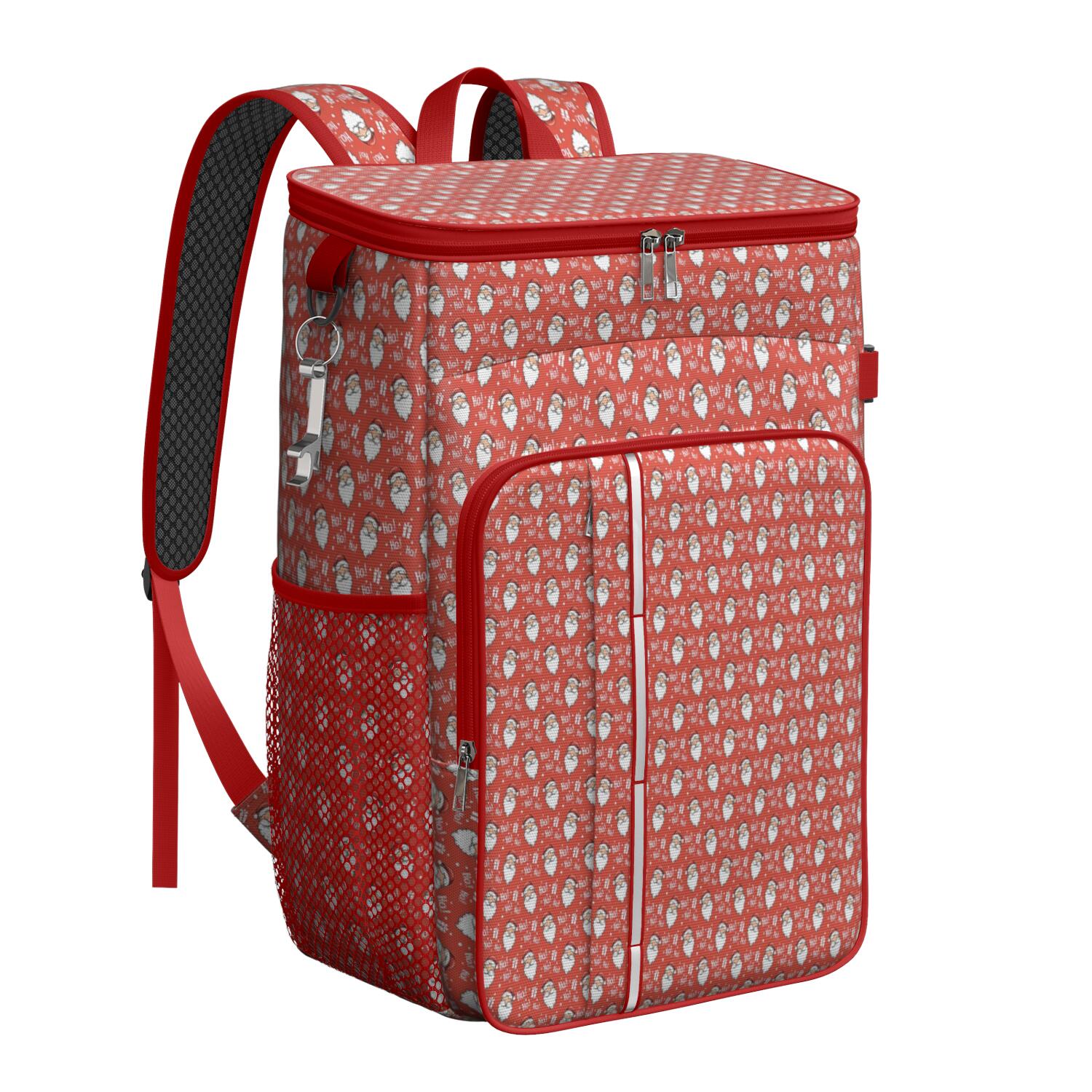 Travel Cooler Bag - Red Christmas Santa Pattern Camping Beer Cooler Backpack with Bottle Opener- Waterproof Insulated Picnic Backpacks - Cooler Bag for Beach