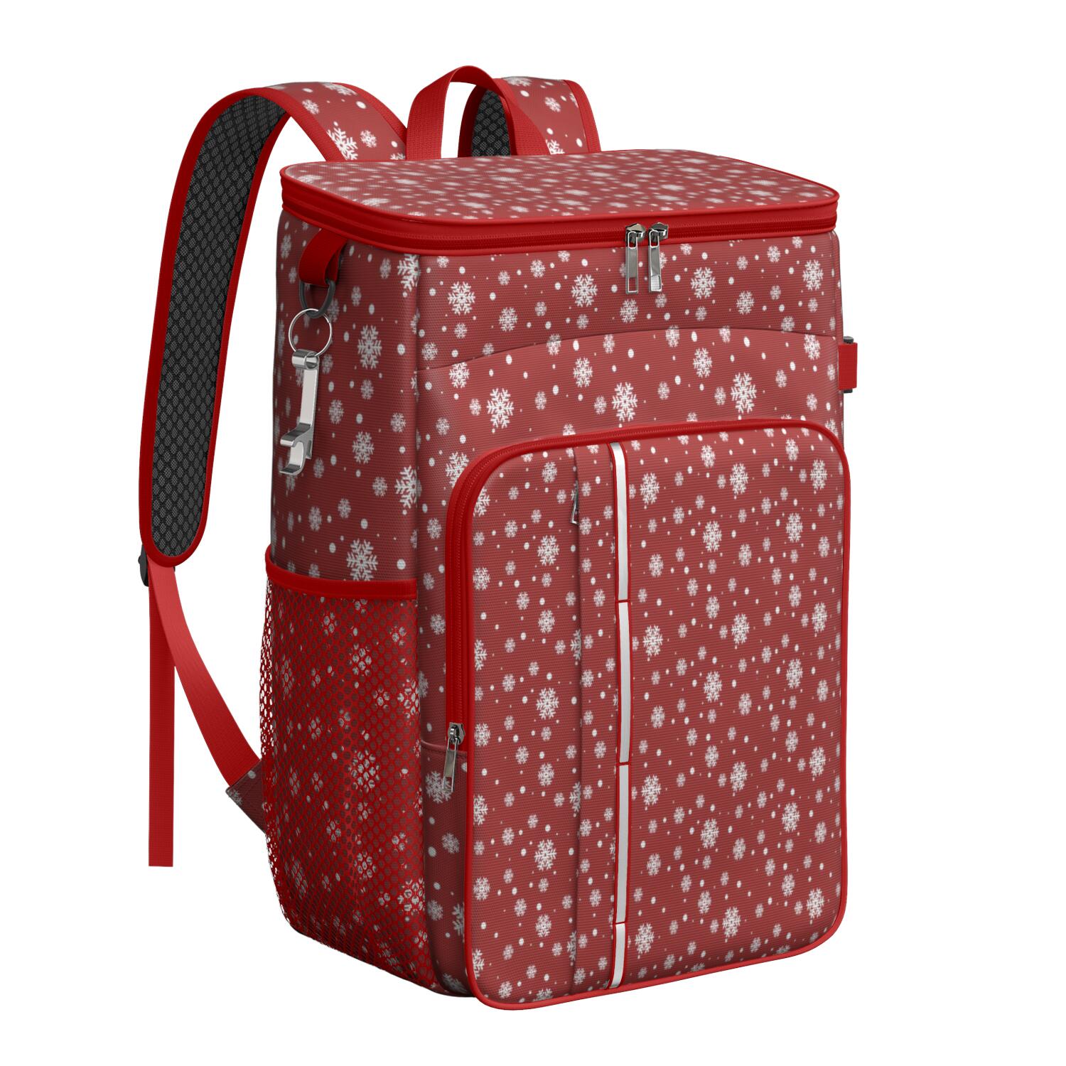 Travel Cooler Bag - Red Christmas Snowflake Pattern Camping Beer Cooler Backpack with Bottle Opener- Waterproof Insulated Picnic Backpacks - Cooler Bag for Beach