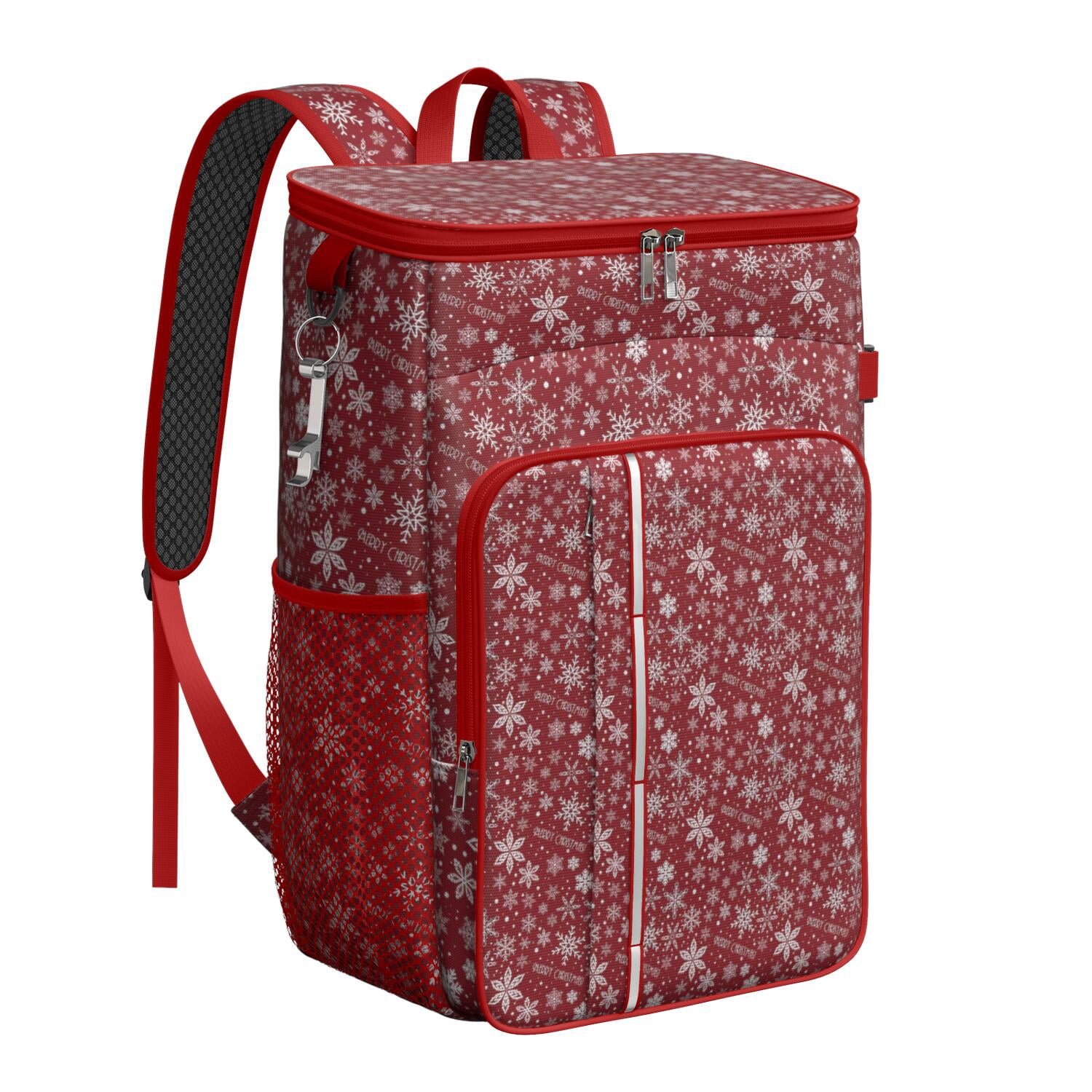 Travel Cooler Bag - Red Christmas Snowflake Pattern Camping Beer Cooler Backpack with Bottle Opener- Waterproof Insulated Picnic Backpacks - Cooler Bag for Beach