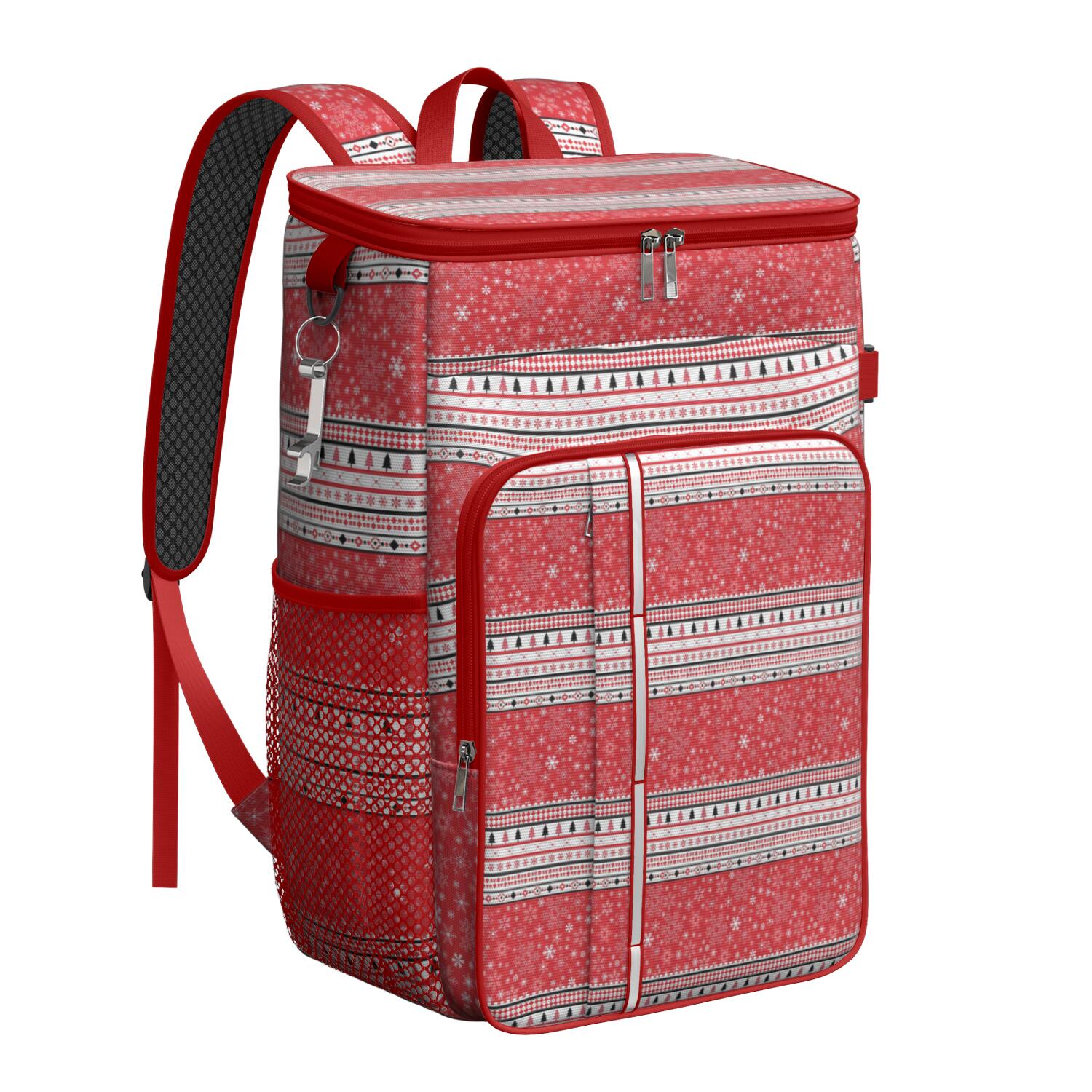 Travel Cooler Bag - Red Christmas Striped Pattern Camping Beer Cooler Backpack with Bottle Opener- Waterproof Insulated Picnic Backpacks - Cooler Bag for Beach