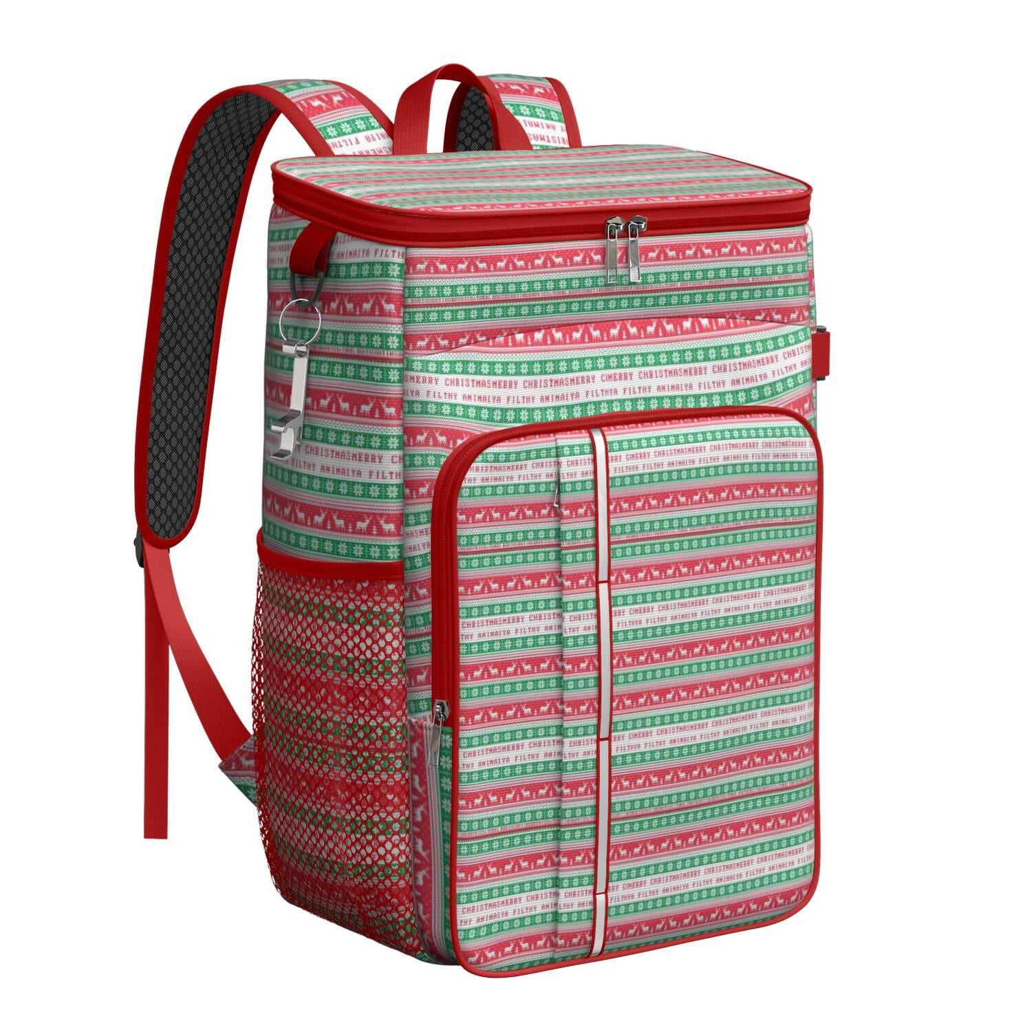 Travel Cooler Bag - Red and Green Christmas Pattern Camping Beer Cooler Backpack with Bottle Opener- Waterproof Insulated Picnic Backpacks - Cooler Bag for Beach