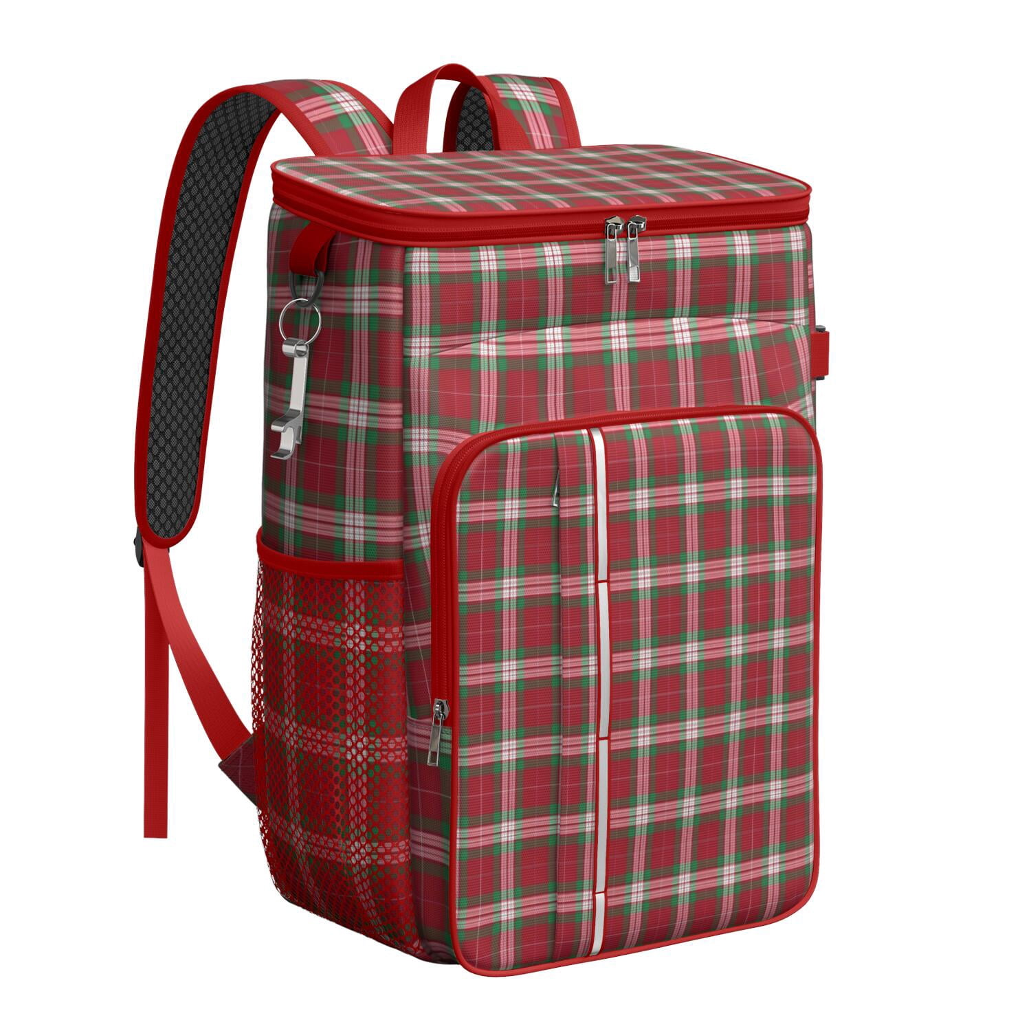 Travel Cooler Bag - Red and Green Christmas Plaid Pattern Camping Beer Cooler Backpack with Bottle Opener- Waterproof Insulated Picnic Backpacks - Cooler Bag for Beach