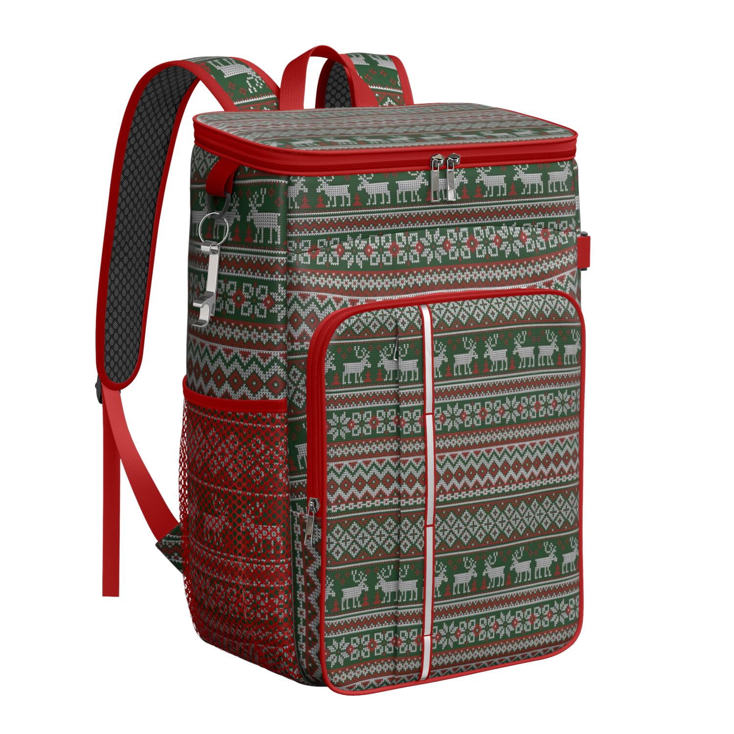 Travel Cooler Bag - Red and Green Christmas Reindeer Pattern Camping Beer Cooler Backpack with Bottle Opener- Waterproof Insulated Picnic Backpacks - Cooler Bag for Beach
