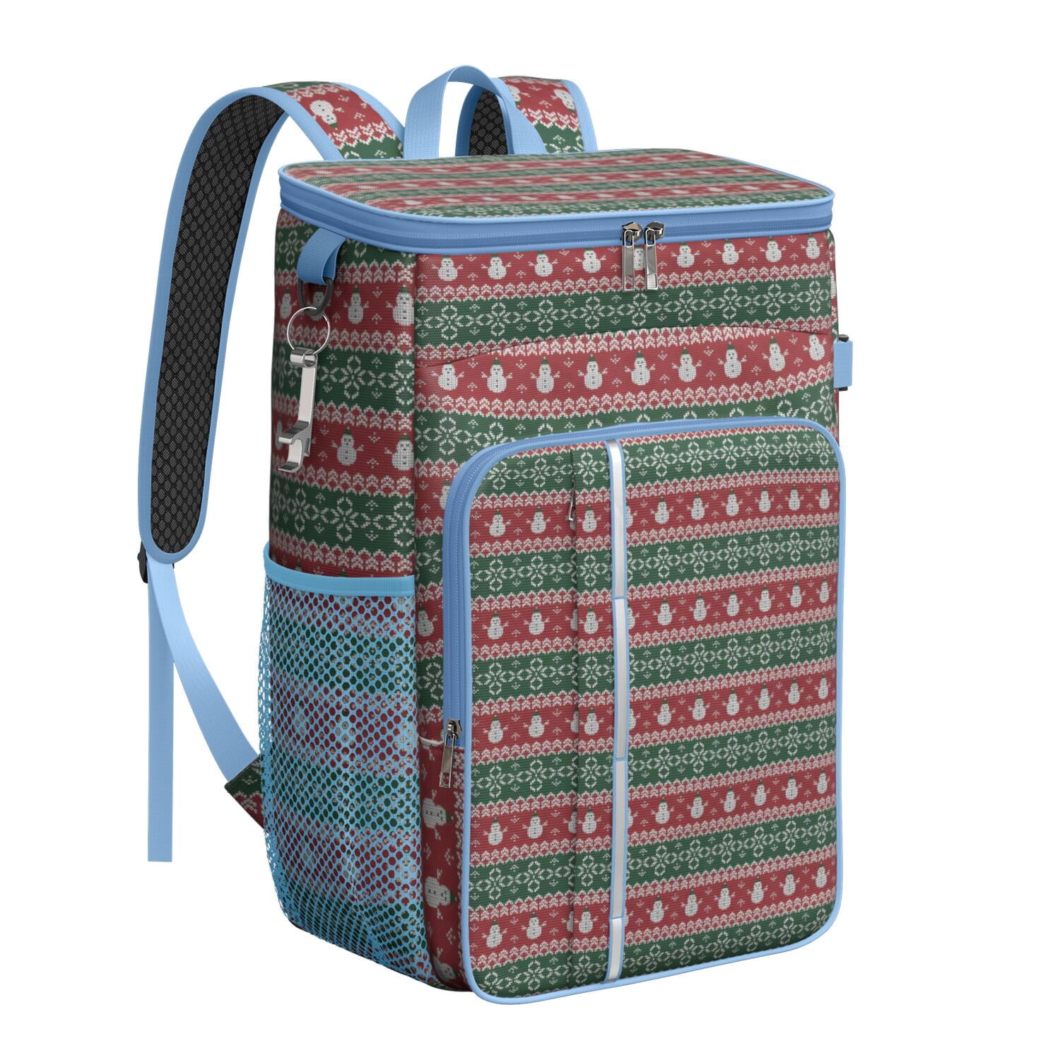 Travel Cooler Bag - Red and Green Christmas Snowman Pattern Camping Beer Cooler Backpack with Bottle Opener- Waterproof Insulated Picnic Backpacks - Cooler Bag for Beach