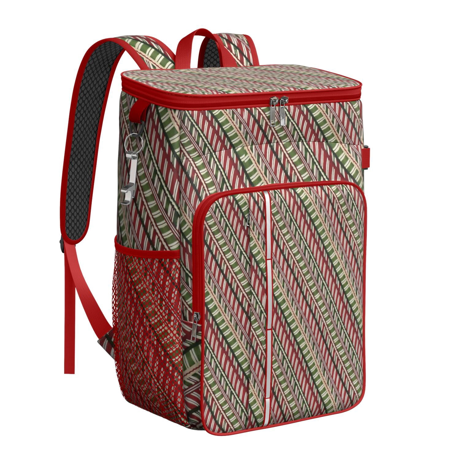 Travel Cooler Bag - Red and Green Christmas Striped Pattern Camping Beer Cooler Backpack with Bottle Opener- Waterproof Insulated Picnic Backpacks - Cooler Bag for Beach