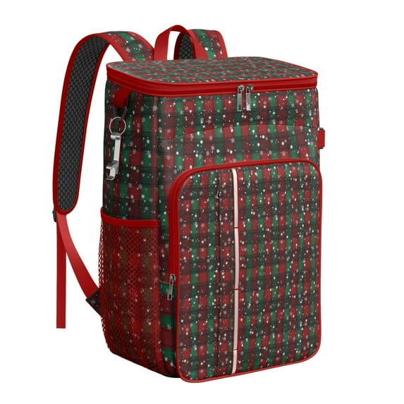 Travel Cooler Bag - Red and Green Plaid Christmas Snow Pattern Camping Beer Cooler Backpack with Bottle Opener- Waterproof Insulated Picnic Backpacks - Cooler Bag for Beach
