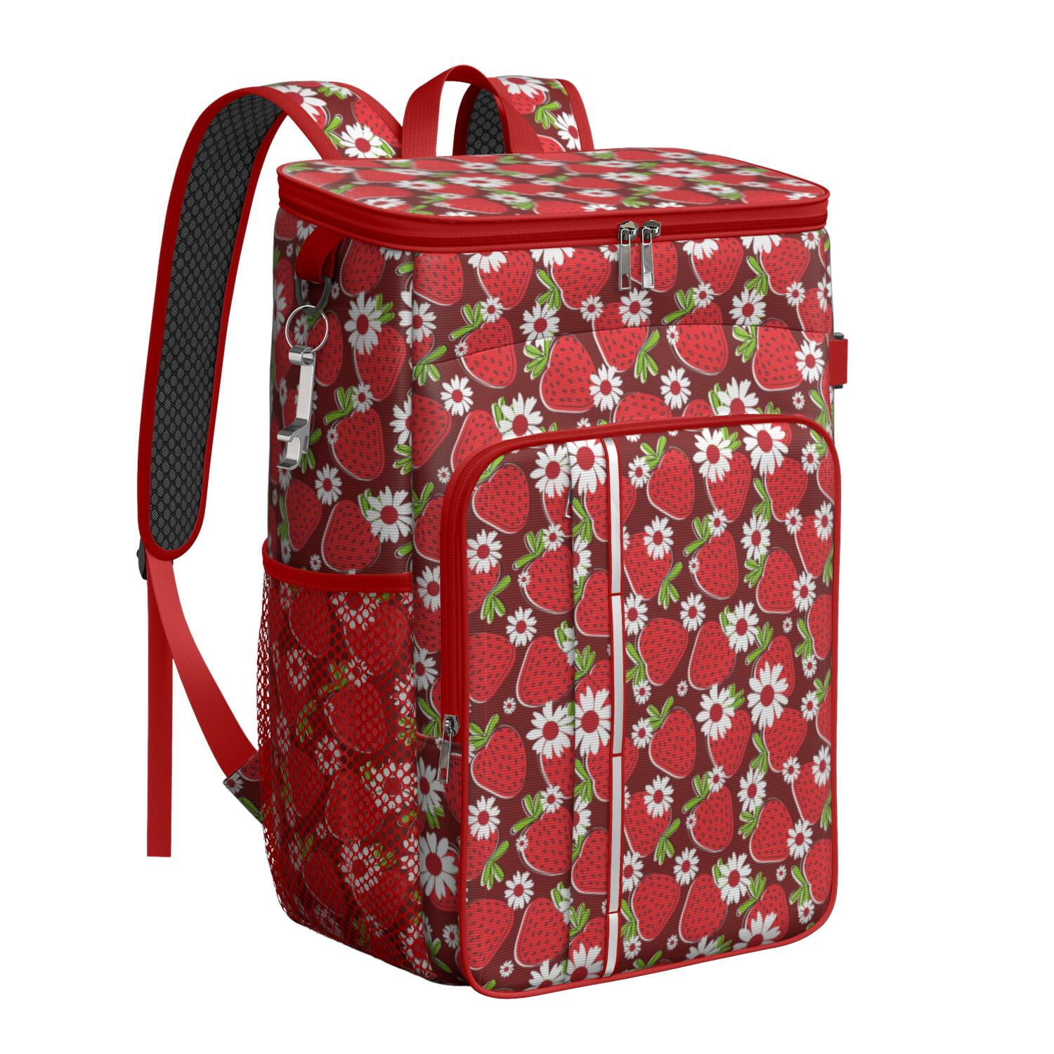 Travel Cooler Bag - Red Strawberry Plants Fruit Camping Beer Cooler Backpack with Bottle Opener- Waterproof Insulated Picnic Backpacks - Cooler Bag for Beach