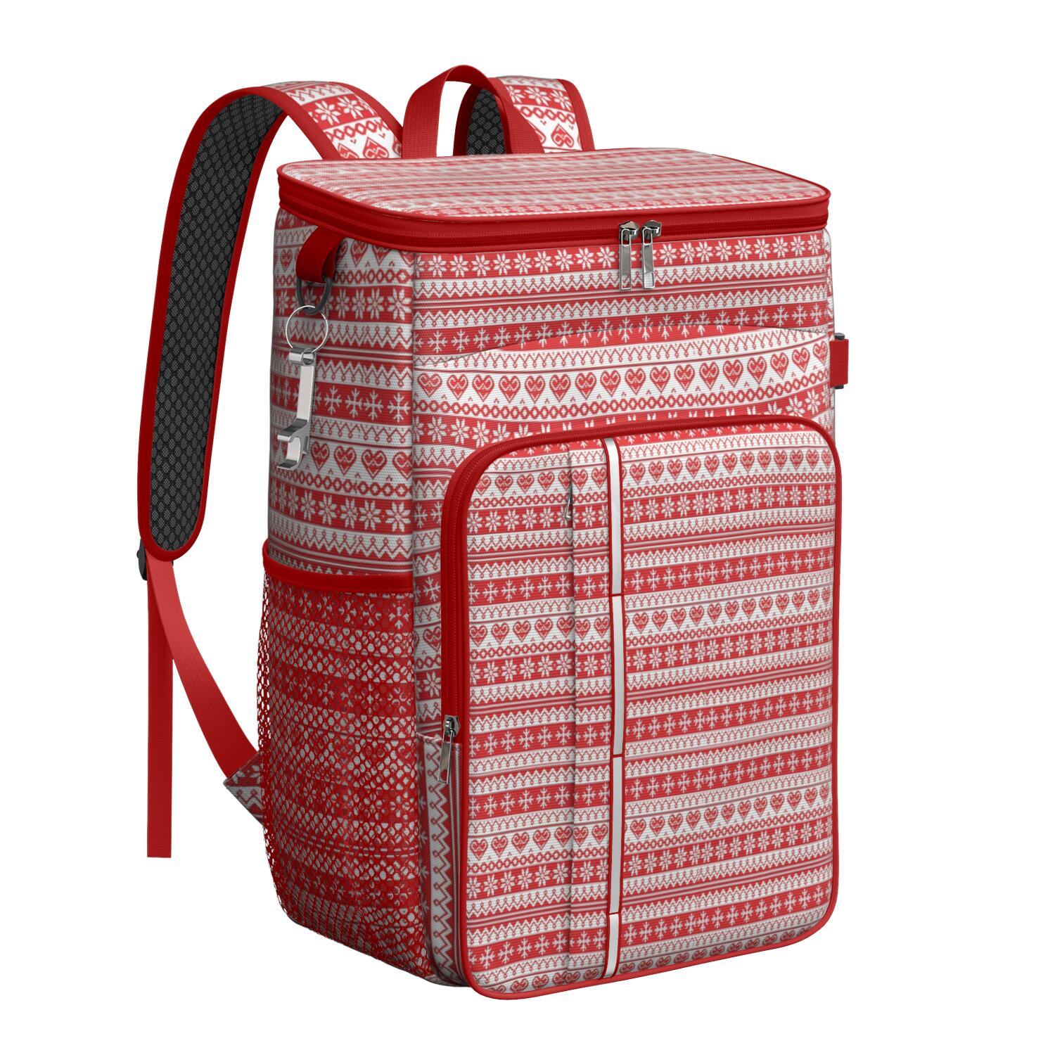Travel Cooler Bag - Red and White Christmas Pattern Camping Beer Cooler Backpack with Bottle Opener- Waterproof Insulated Picnic Backpacks - Cooler Bag for Beach