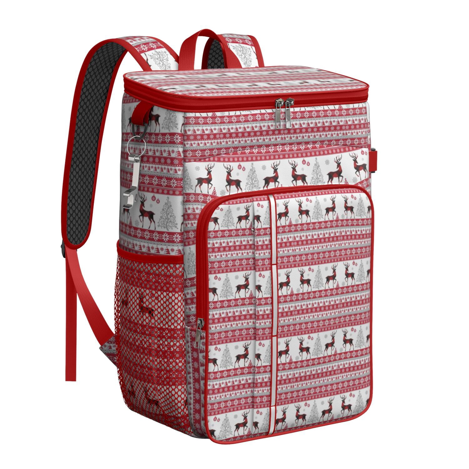 Travel Cooler Bag - Red and White Christmas Reindeer Pattern Camping Beer Cooler Backpack with Bottle Opener- Waterproof Insulated Picnic Backpacks - Cooler Bag for Beach