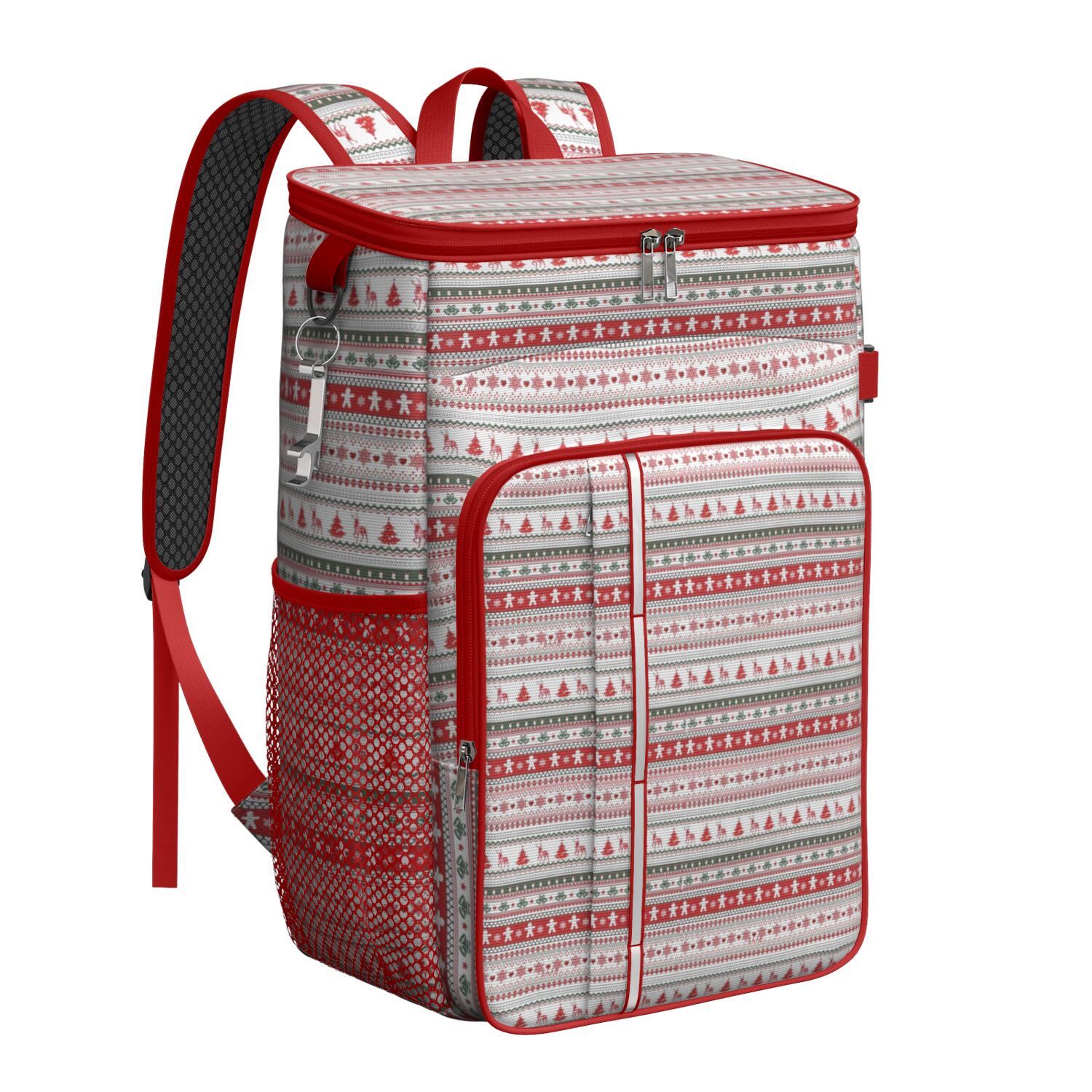 Travel Cooler Bag - Red and White Christmas Striped Pattern Camping Beer Cooler Backpack with Bottle Opener- Waterproof Insulated Picnic Backpacks - Cooler Bag for Beach