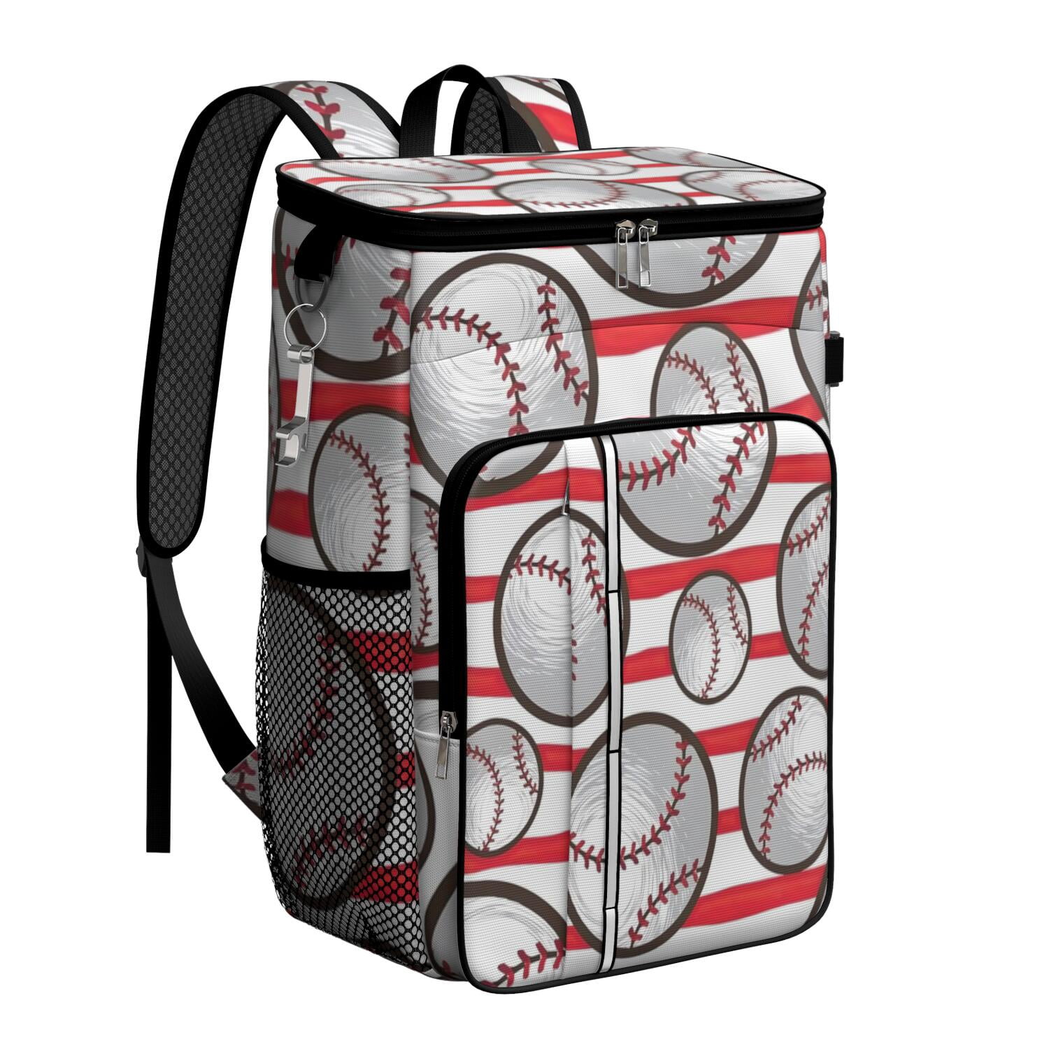 Travel Cooler Bag - Red and White Striped Baseballs Pattern Camping Beer Cooler Backpack with Bottle Opener- Waterproof Insulated Picnic Backpacks - Cooler Bag for Beach