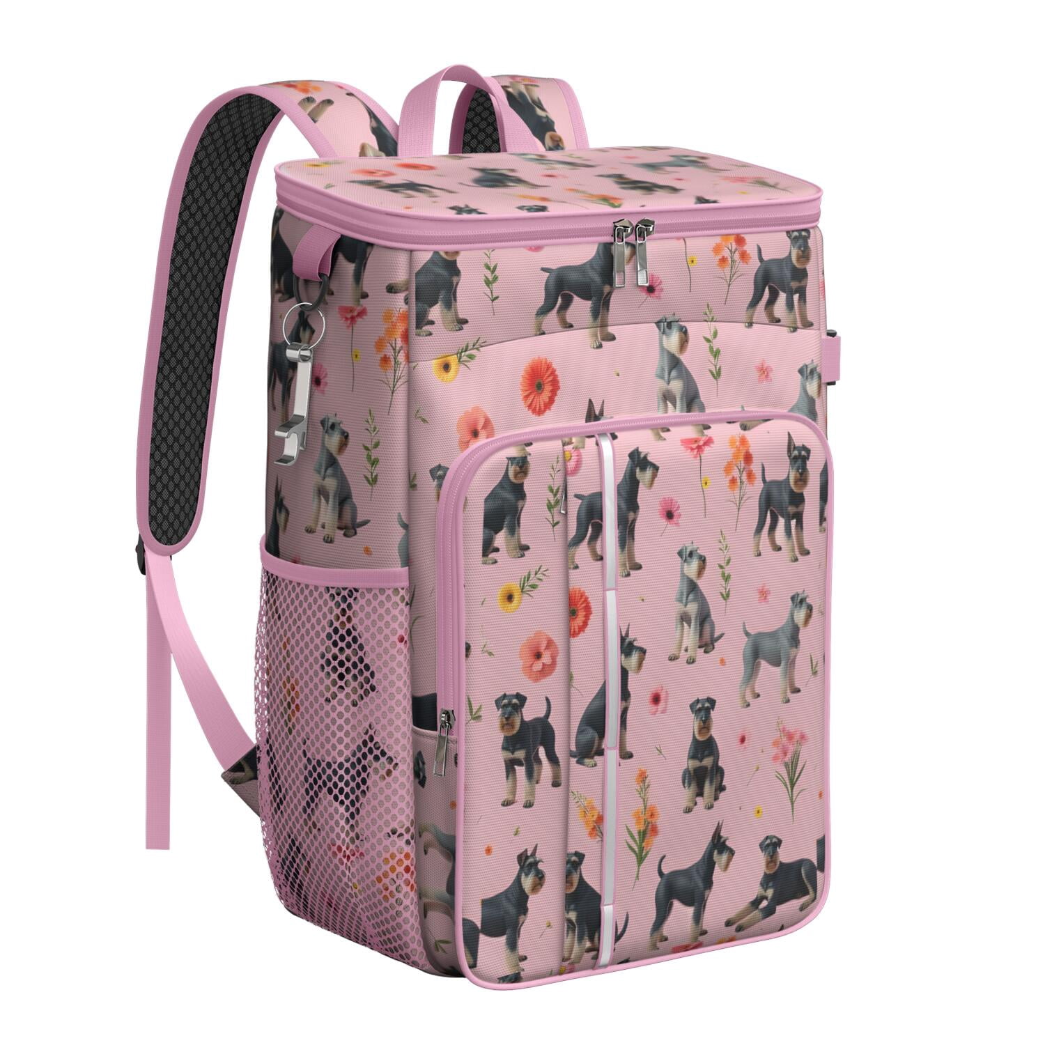 Travel Cooler Bag - Schnauzer Dogs and Flowers Camping Beer Cooler Backpack with Bottle Opener- Waterproof Insulated Picnic Backpacks - Cooler Bag for Beach