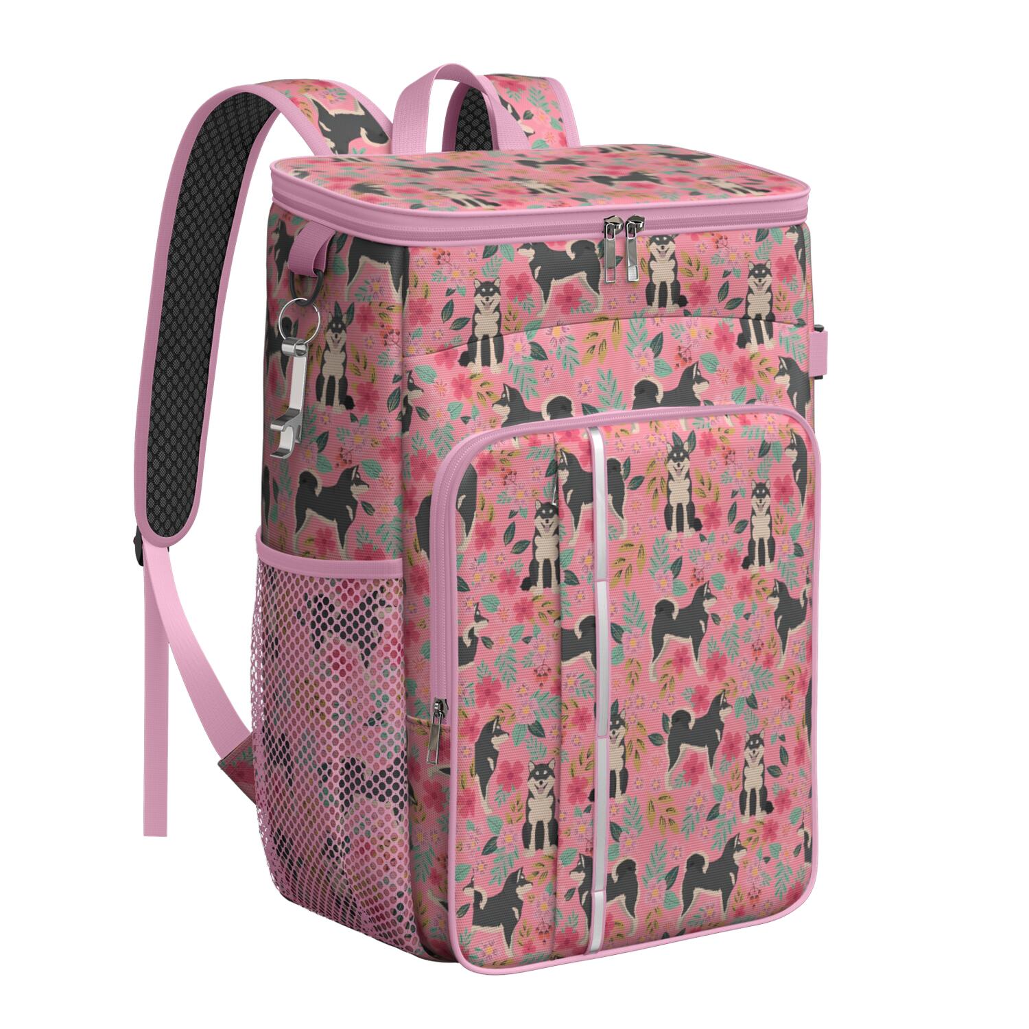 Travel Cooler Bag - Shiba Inu Dog and Flower Floral Camping Beer Cooler Backpack with Bottle Opener- Waterproof Insulated Picnic Backpacks - Cooler Bag for Beach