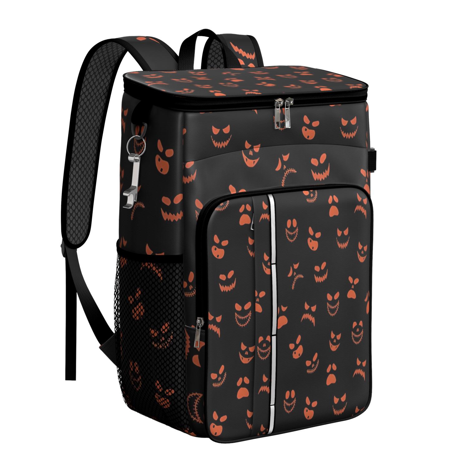 Travel Cooler Bag - Spooky Pumpkin Faces Halloween Pattern Camping Beer Cooler Backpack with Bottle Opener- Waterproof Insulated Picnic Backpacks - Cooler Bag for Beach