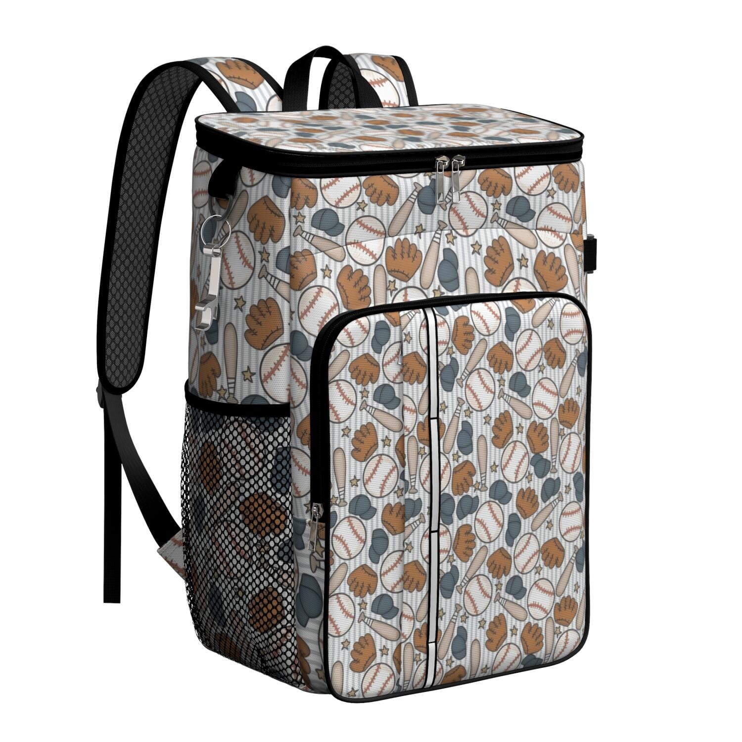 Travel Cooler Bag - Striped Baseball Items Pattern Camping Beer Cooler Backpack with Bottle Opener- Waterproof Insulated Picnic Backpacks - Cooler Bag for Beach