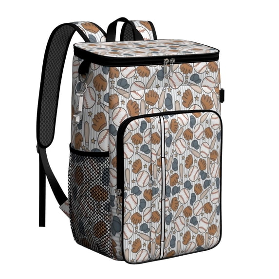 Travel Cooler Bag - Striped Baseball Items Pattern Camping Beer Cooler Backpack with Bottle Opener- Waterproof Insulated Picnic Backpacks - Cooler Bag for Beach