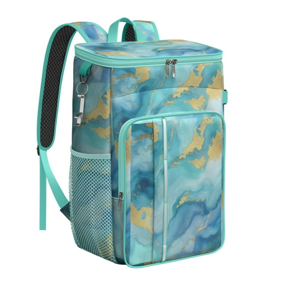 Travel Cooler Bag - Teal Gold Marble Camping Beer Cooler Backpack with Bottle Opener- Waterproof Insulated Picnic Backpacks - Cooler Bag for Beach