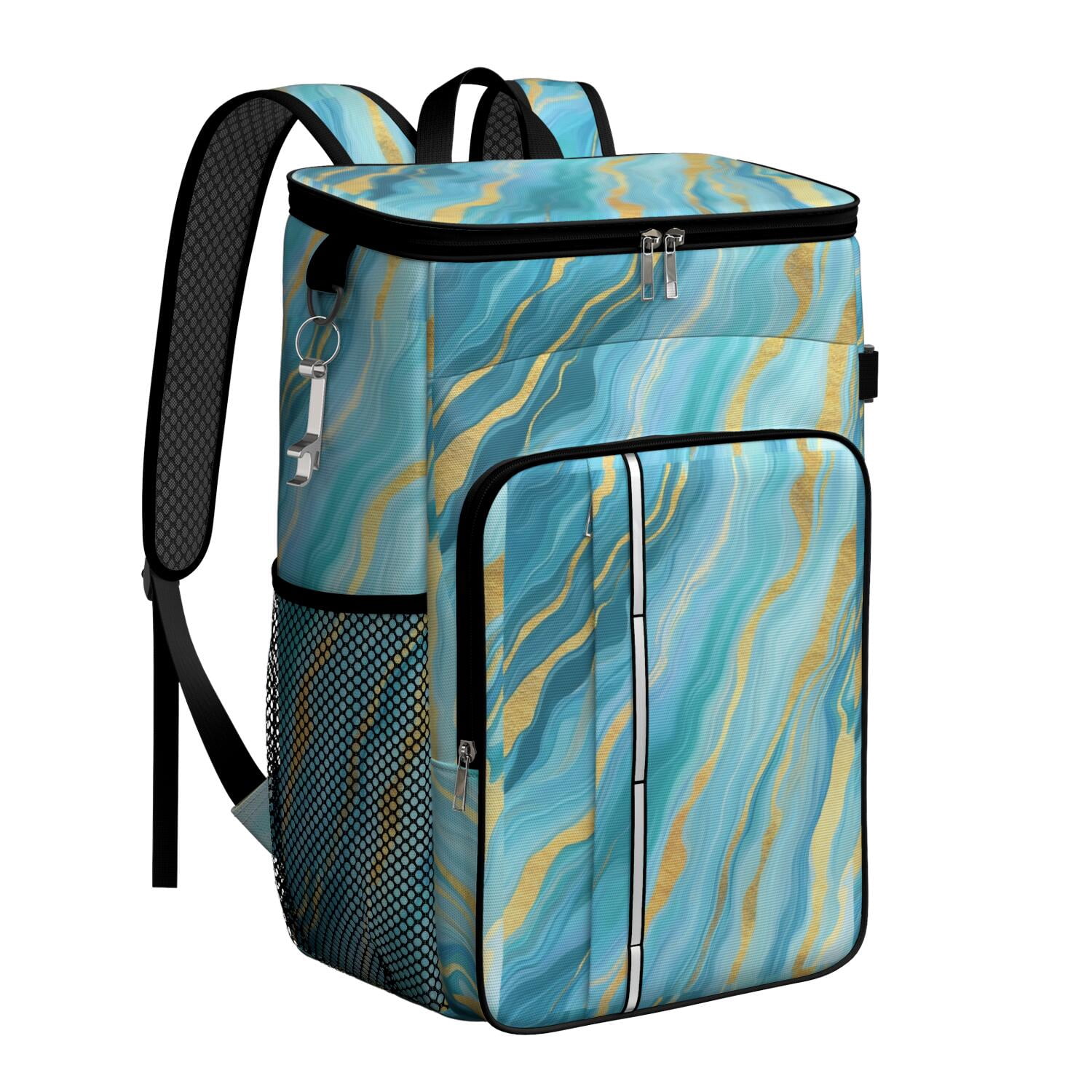 Travel Cooler Bag - Teal Gold Marble Camping Beer Cooler Backpack with Bottle Opener- Waterproof Insulated Picnic Backpacks - Cooler Bag for Beach