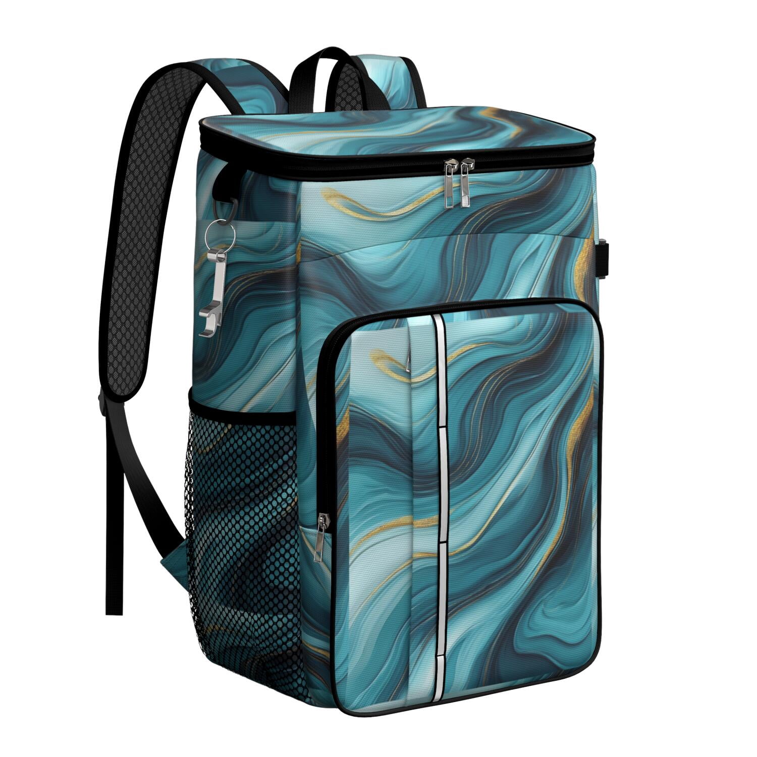 Travel Cooler Bag - Teal Gold Marble Camping Beer Cooler Backpack with Bottle Opener- Waterproof Insulated Picnic Backpacks - Cooler Bag for Beach