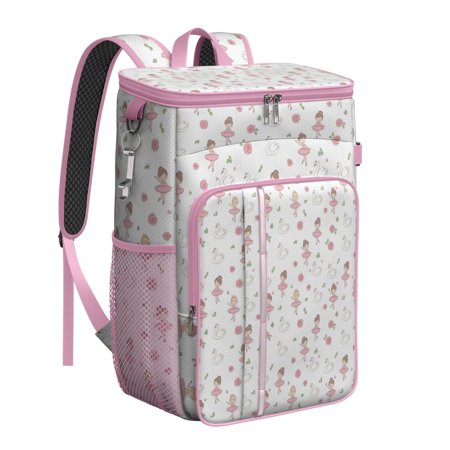 Travel Cooler Bag - White Ballerina Swan Pattern Camping Beer Cooler Backpack with Bottle Opener- Waterproof Insulated Picnic Backpacks - Cooler Bag for Beach