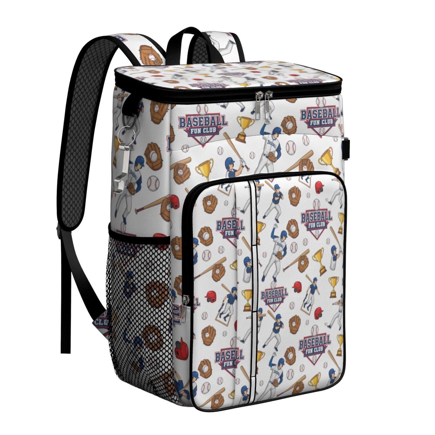 Travel Cooler Bag - White Baseball Fun Club Pattern Camping Beer Cooler Backpack with Bottle Opener- Waterproof Insulated Picnic Backpacks - Cooler Bag for Beach