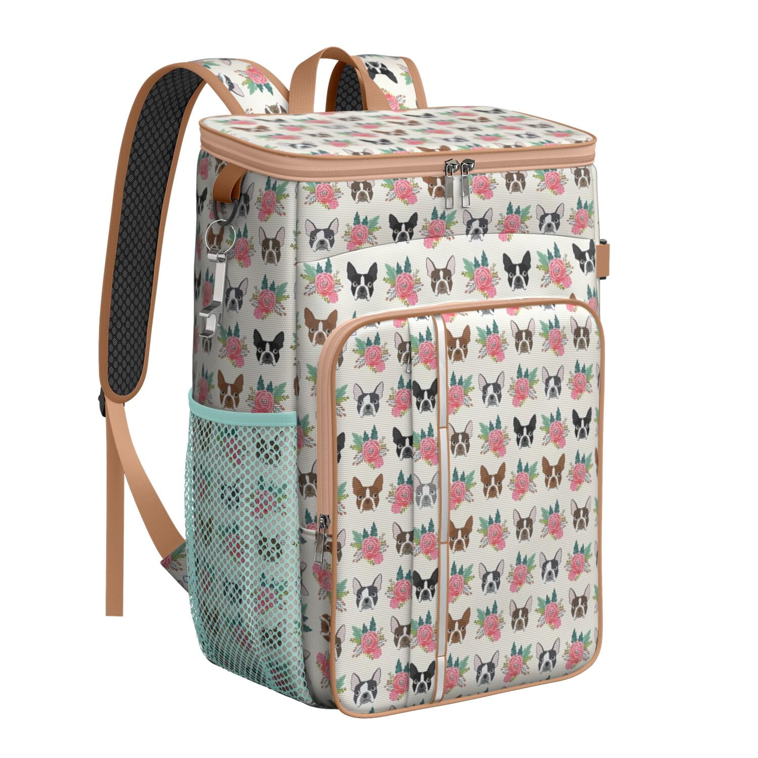 Travel Cooler Bag - White Boston Terrier and Flower Camping Beer Cooler Backpack with Bottle Opener- Waterproof Insulated Picnic Backpacks - Cooler Bag for Beach