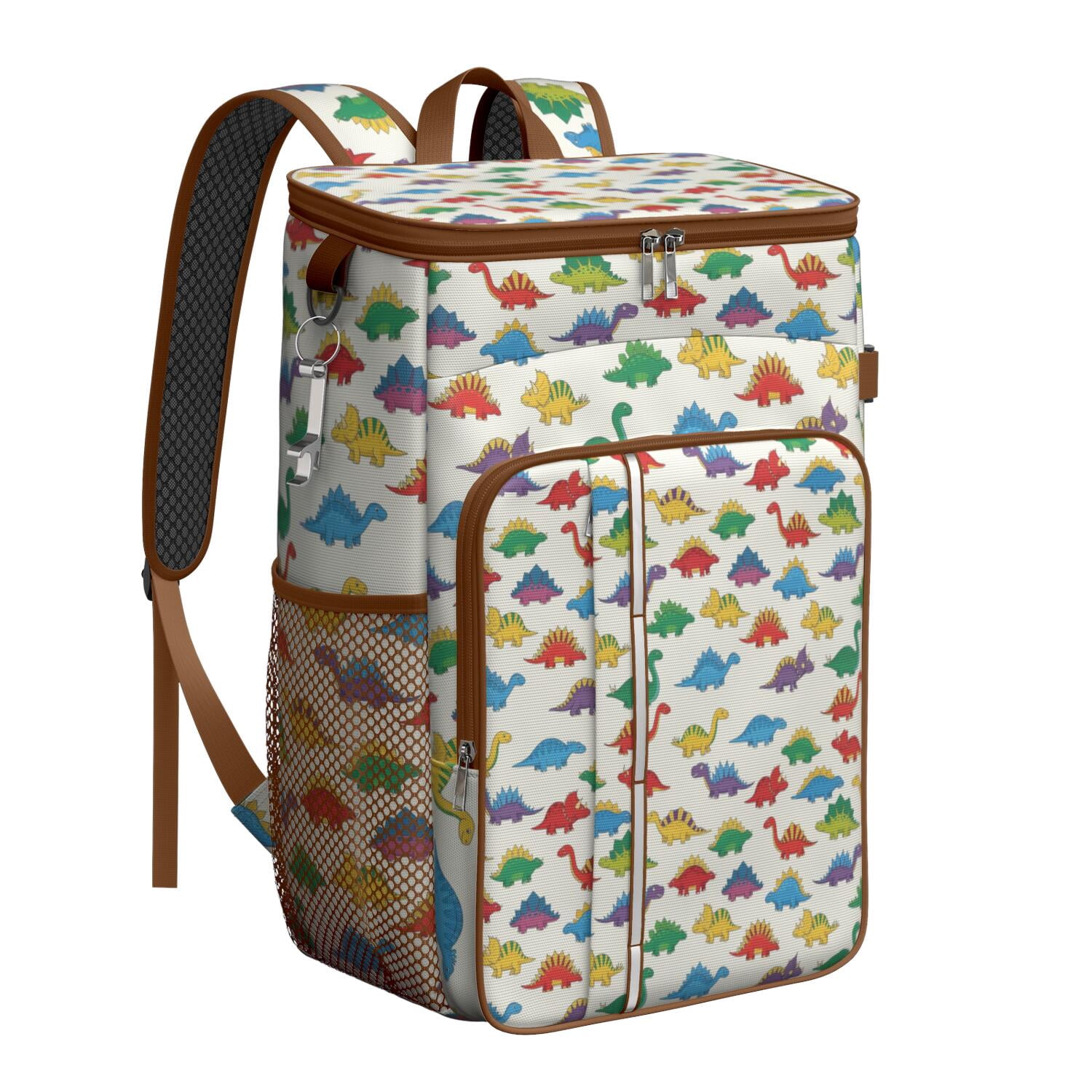 Travel Cooler Bag - White Cartoon Colorful Dinosaurs Pattern Camping Beer Cooler Backpack with Bottle Opener- Waterproof Insulated Picnic Backpacks - Cooler Bag for Beach