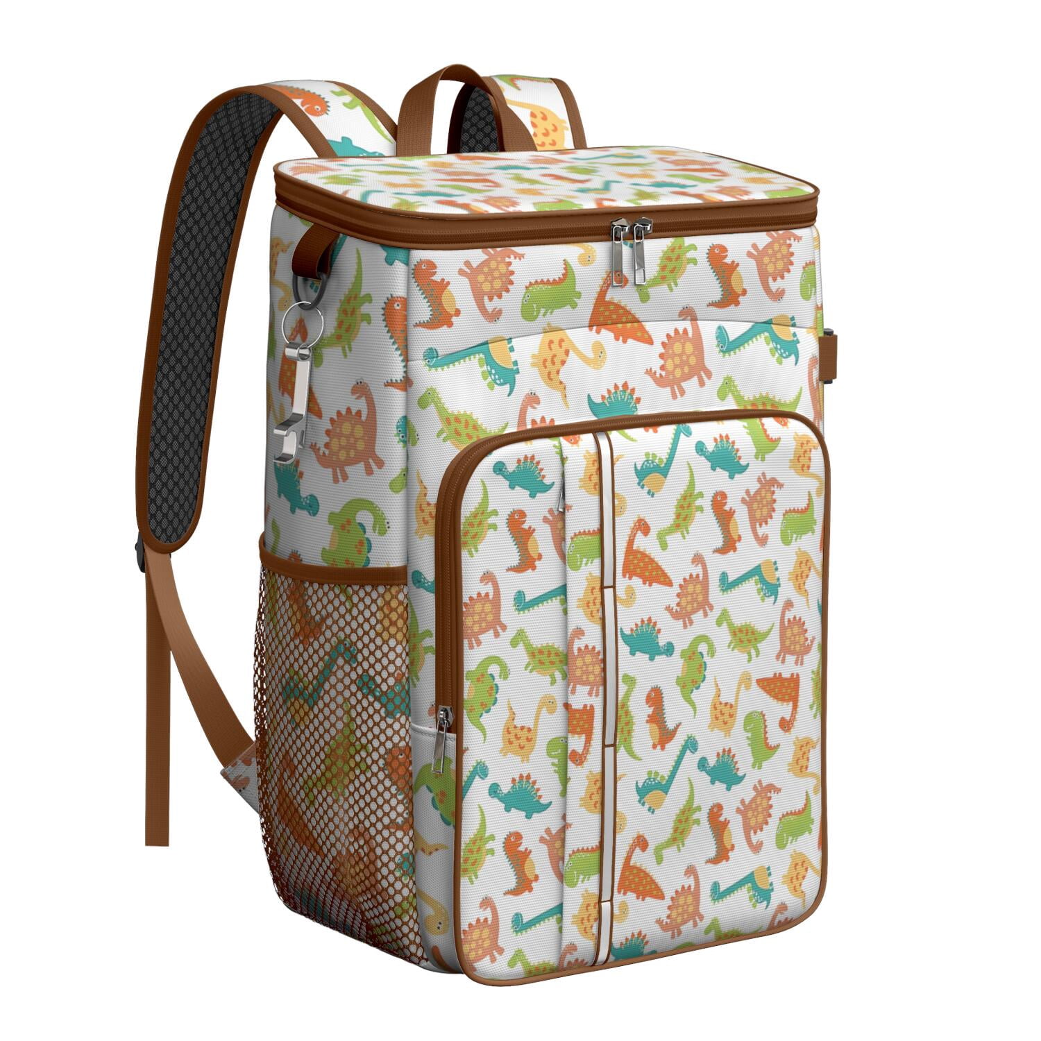 Travel Cooler Bag - White Cartoon Colorful Dinosaurs Pattern Camping Beer Cooler Backpack with Bottle Opener- Waterproof Insulated Picnic Backpacks - Cooler Bag for Beach