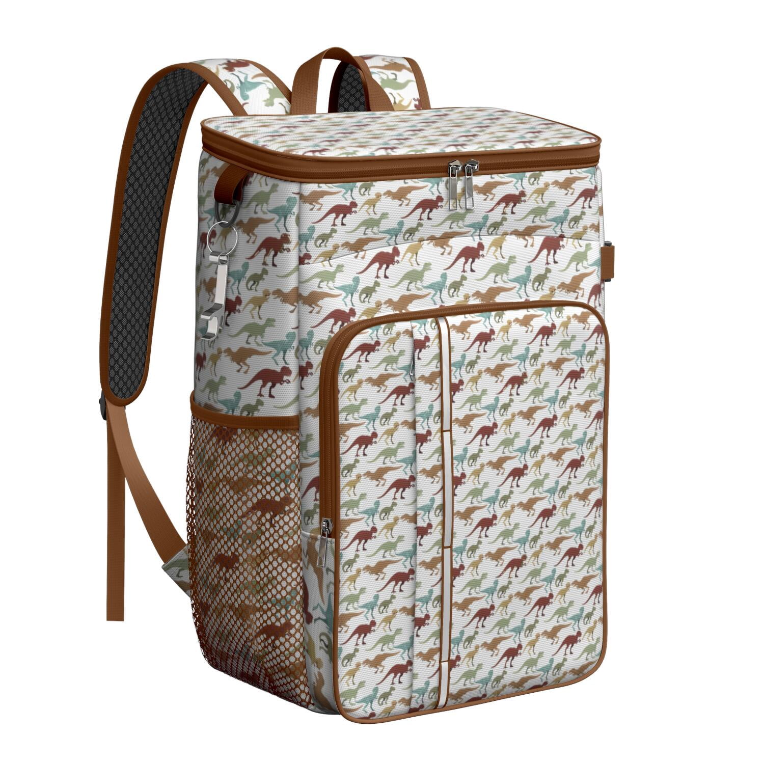 Travel Cooler Bag - White Cartoon Colorful Dinosaurs Pattern Camping Beer Cooler Backpack with Bottle Opener- Waterproof Insulated Picnic Backpacks - Cooler Bag for Beach