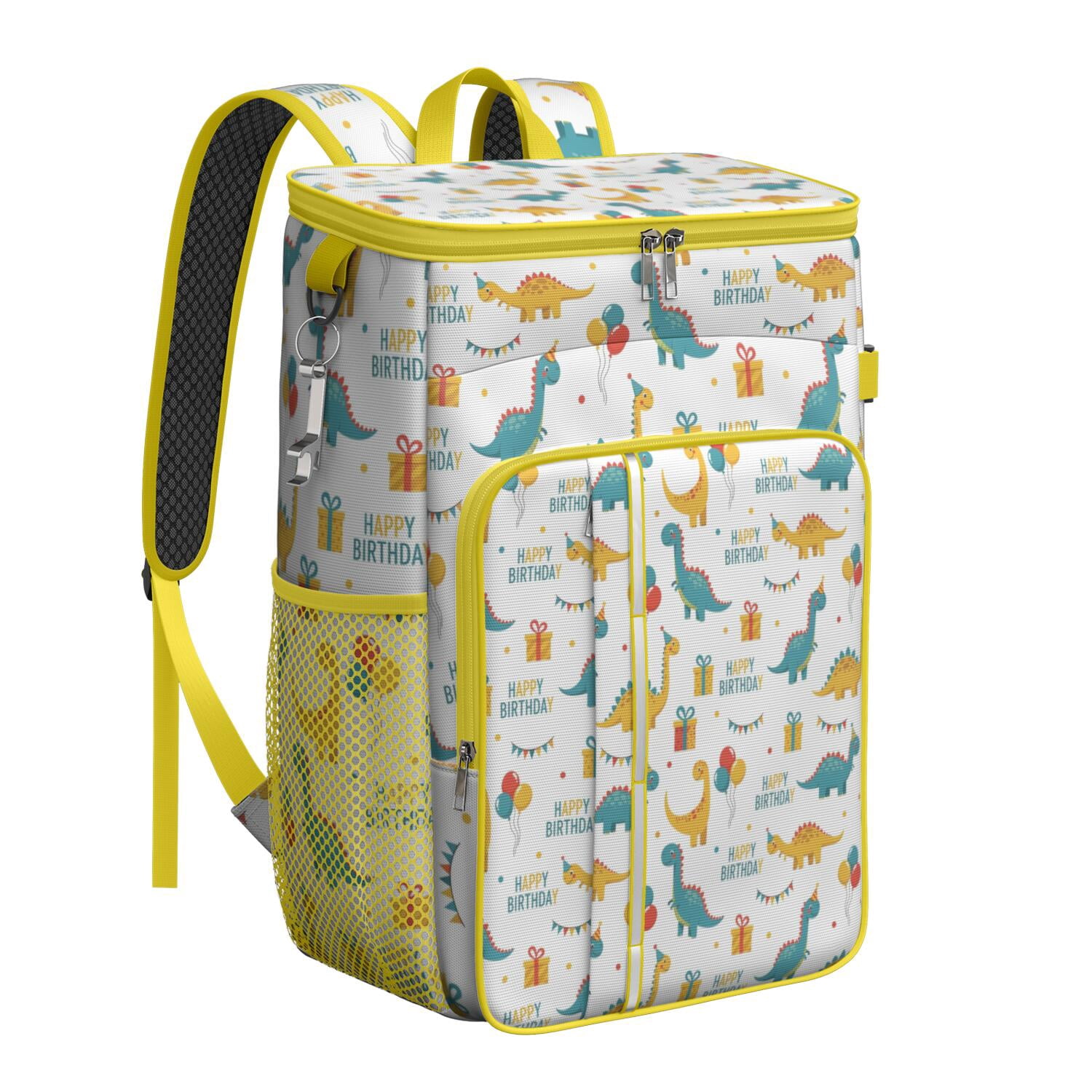 Travel Cooler Bag - White Cartoon Dinosaurs Birthday Pattern Camping Beer Cooler Backpack with Bottle Opener- Waterproof Insulated Picnic Backpacks - Cooler Bag for Beach