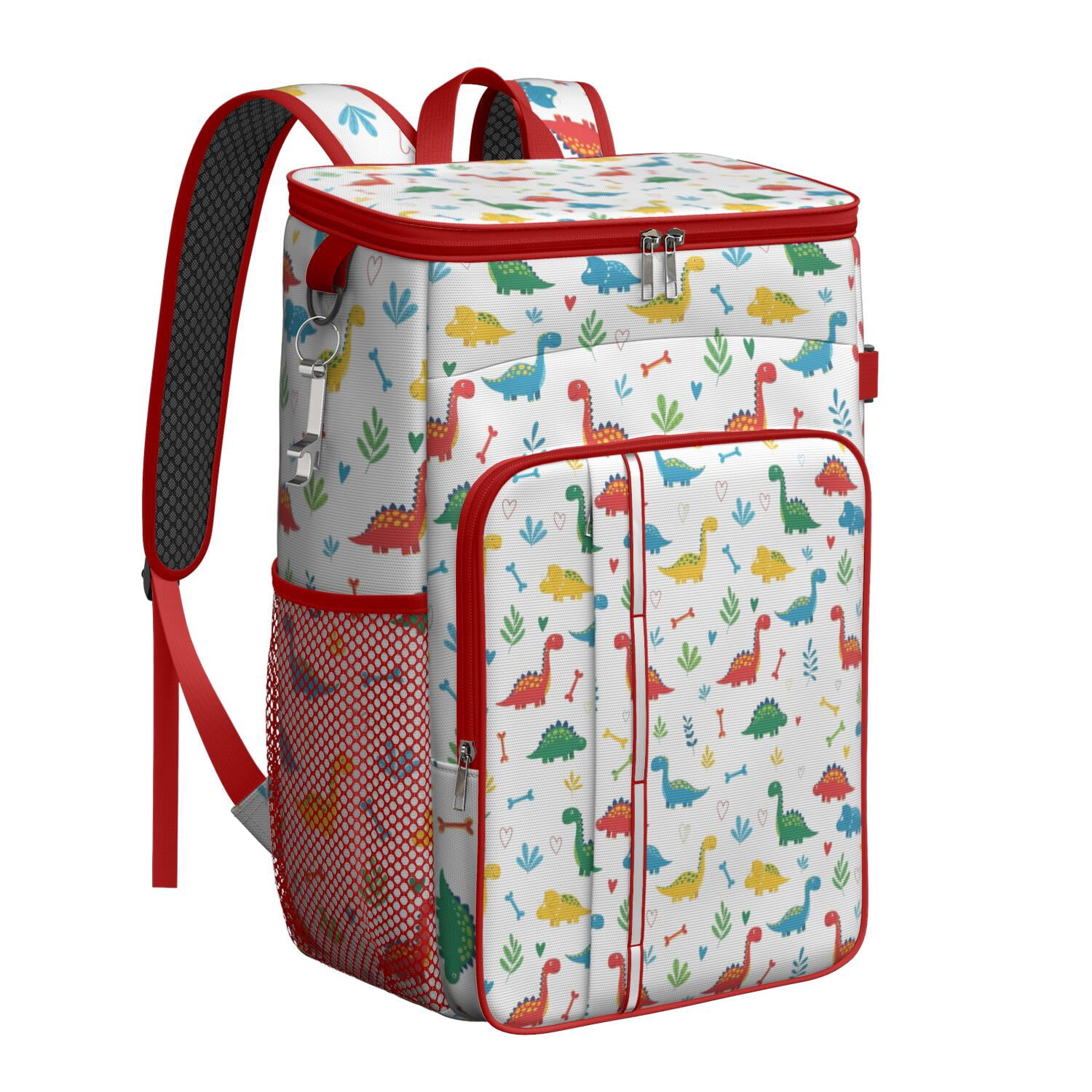 Travel Cooler Bag - White Cartoon Dinosaurs Bones Leaves Pattern Camping Beer Cooler Backpack with Bottle Opener- Waterproof Insulated Picnic Backpacks - Cooler Bag for Beach