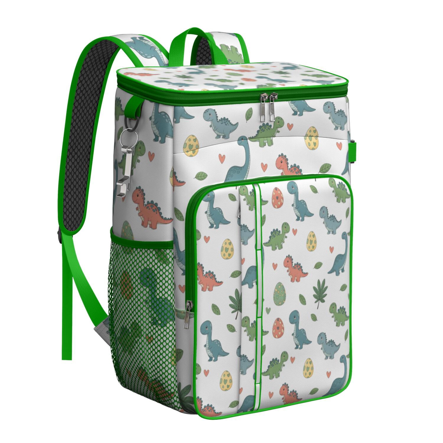 Travel Cooler Bag - White Cartoon Dinosaurs Eggs Hearts Pattern Camping Beer Cooler Backpack with Bottle Opener- Waterproof Insulated Picnic Backpacks - Cooler Bag for Beach
