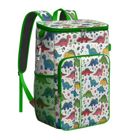 Travel Cooler Bag - White Cartoon Dinosaurs Flowers Pattern Camping Beer Cooler Backpack with Bottle Opener- Waterproof Insulated Picnic Backpacks - Cooler Bag for Beach