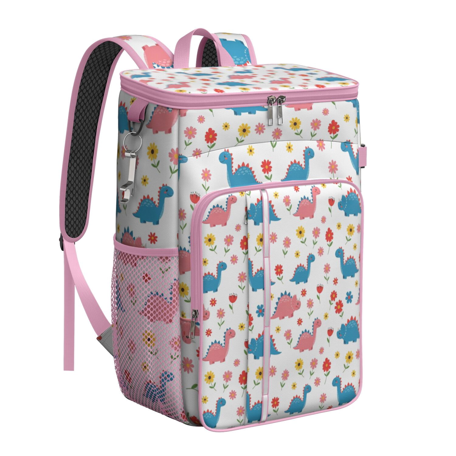 Travel Cooler Bag - White Cartoon Dinosaurs Flowers Pattern Camping Beer Cooler Backpack with Bottle Opener- Waterproof Insulated Picnic Backpacks - Cooler Bag for Beach